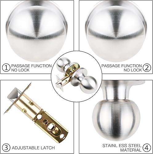 Miniatura 3 de GSCZ - Pomo de puerta de paso de níquel cepillado, perilla de puerta redonda para perillas de puerta de pasillo y armario, cerradura de puerta sin
