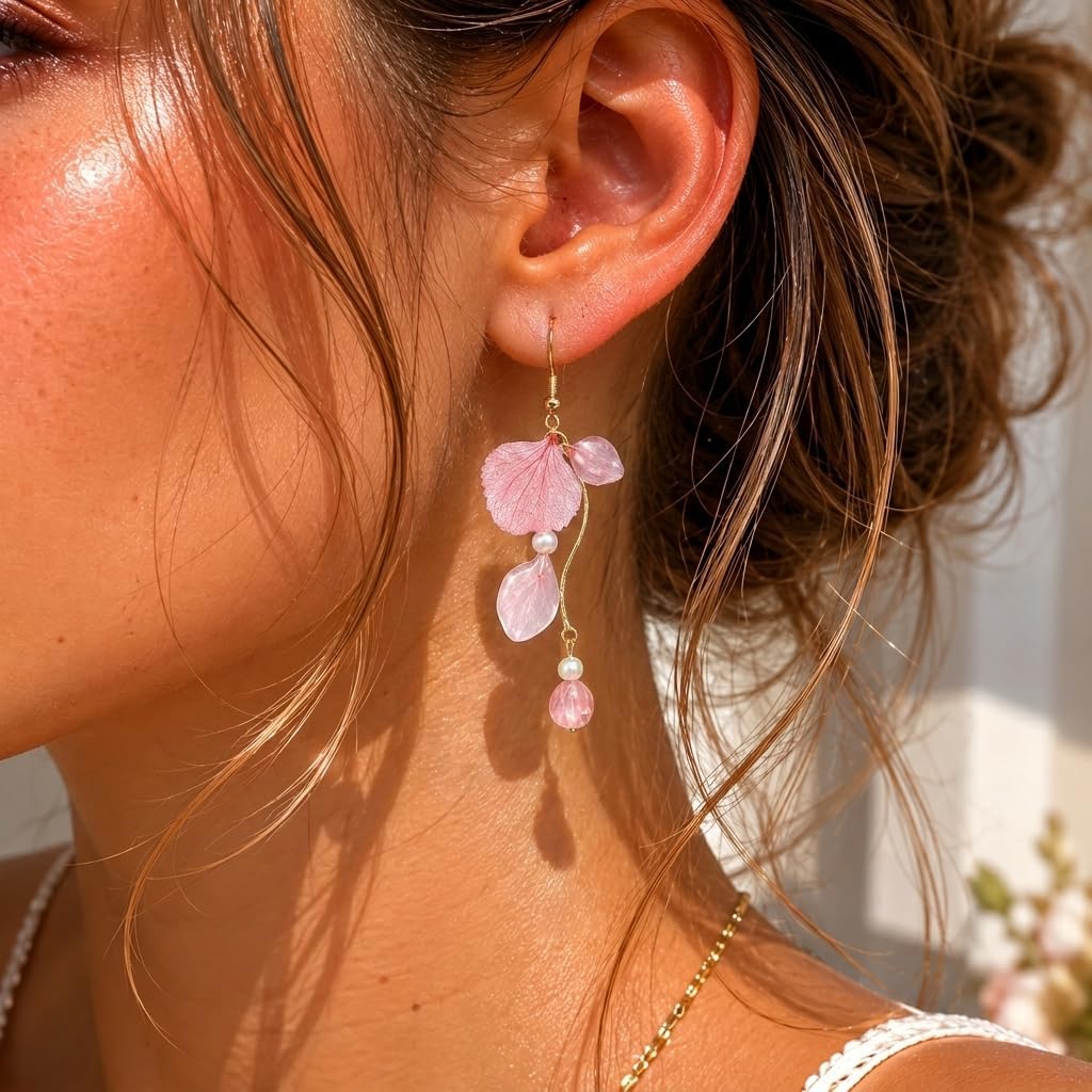 Sonateomber Handmade Pressed Flower Dangle Earrings for Women, Statement 14K Gold Plated Resin Natural Floral Petal Drop Earing Prom Summer Vacation Accessories Fashion Jewelry Gift image 2