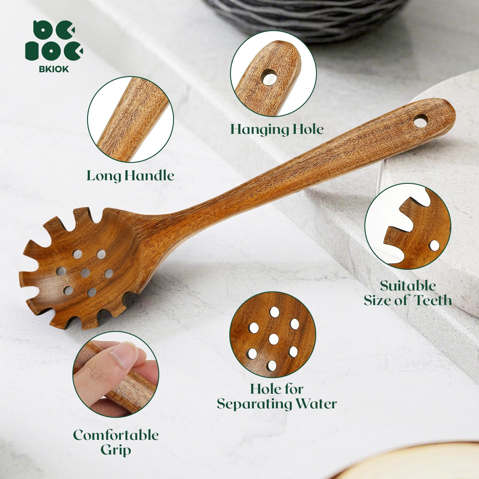 Lot De 2 Cuillères à Spaghetti En Bois De Teck - Manche Long, Fourchette Et Cuillère - Ustensiles De Cuisine Naturels