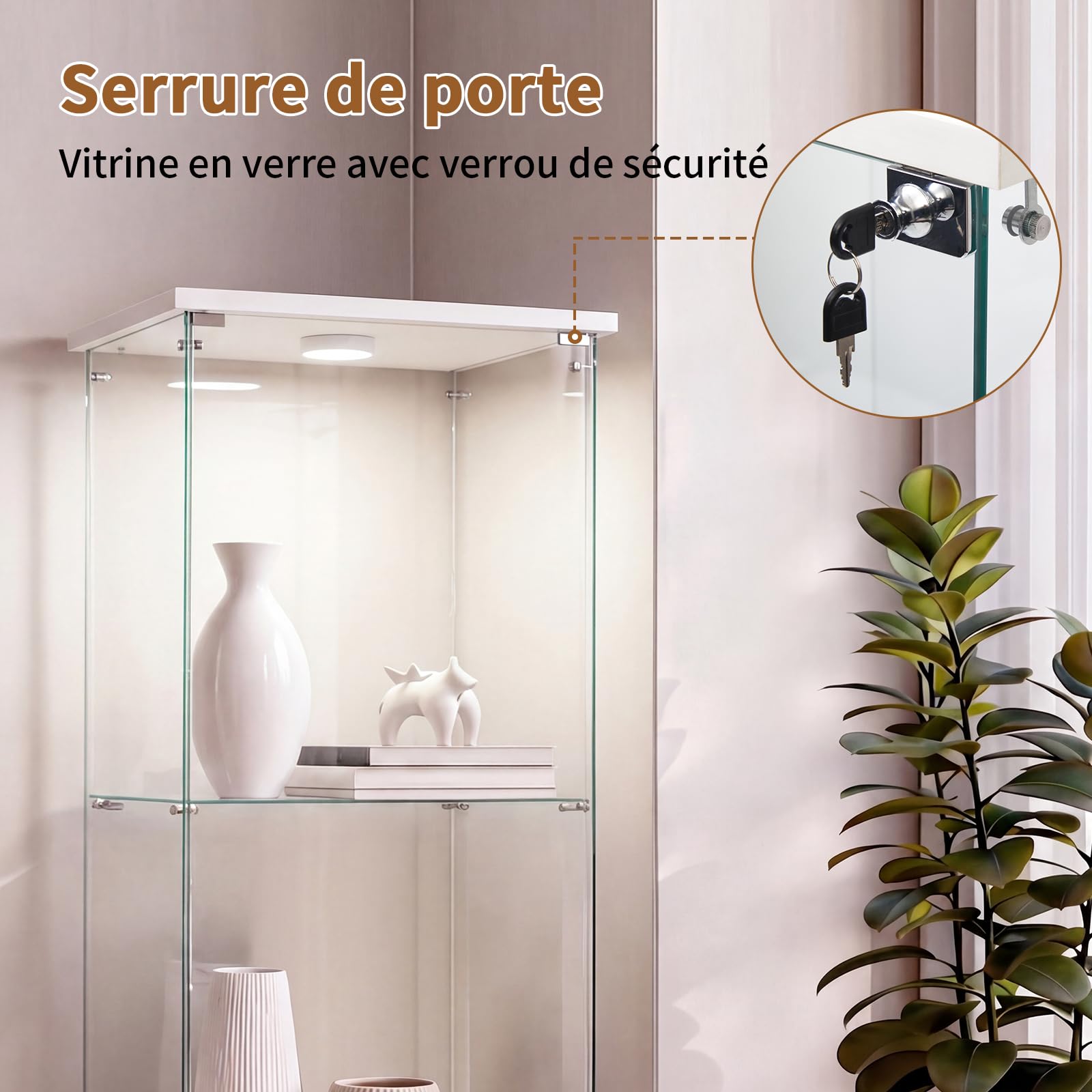 Vitrina de Cristal con Luces LED y Cerradura, Armario Expositor de Vidrio Templado con 1 Puerta y 2 Estantes, Cristalera Vitrina Expositora para Salón y Colección, 86×40×36,5 cm, Blanco