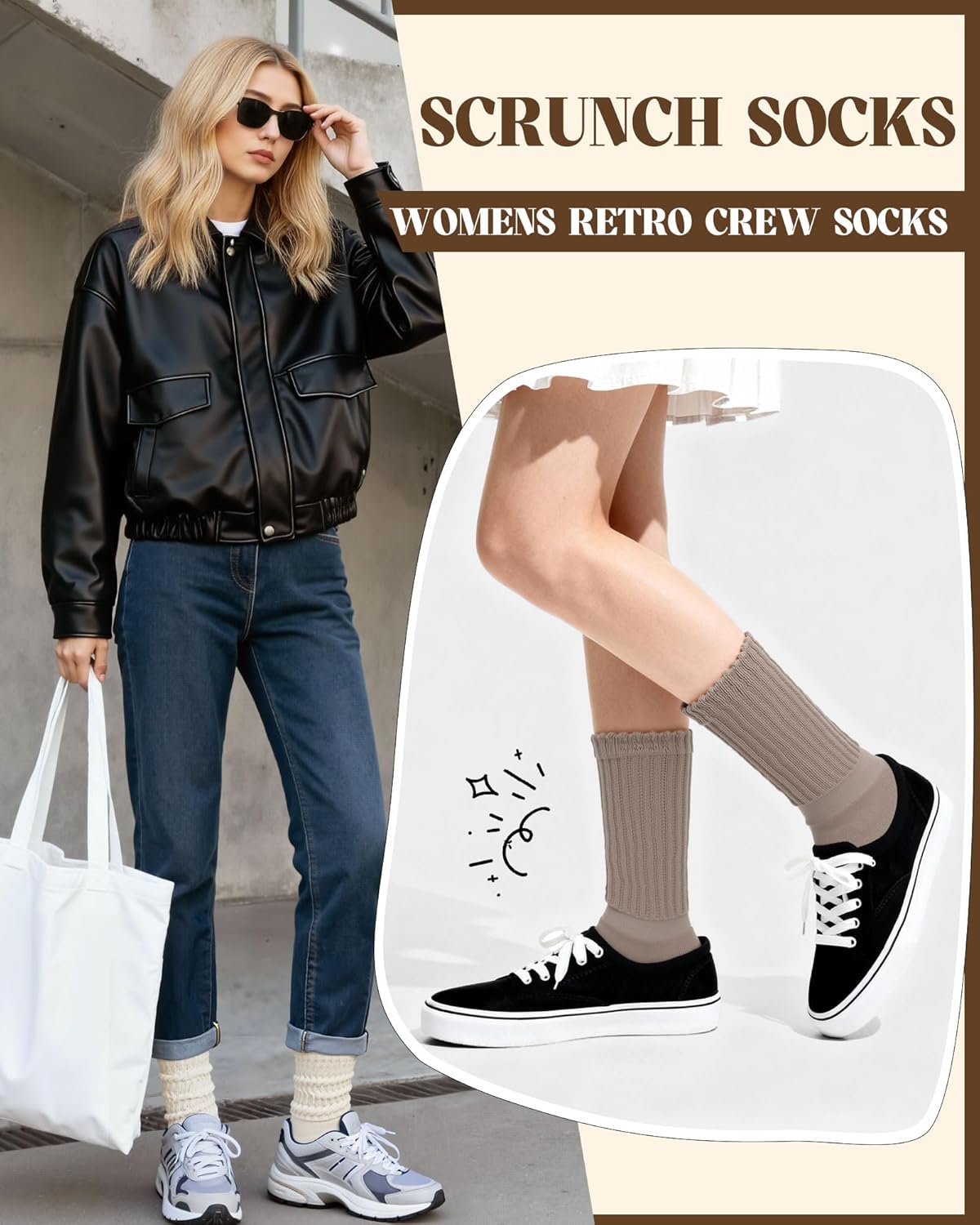 Womens Scrunch Slouchy Crew Socks, 4 Pairs Retro Cotton Cozy Athletic Boot Calf Socks - Image 4