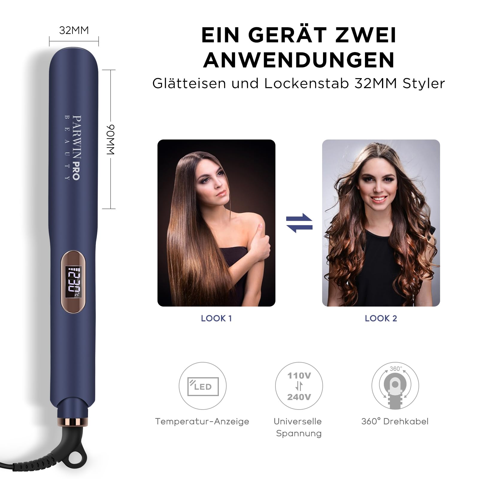 2 in 1 Glätteisen Locken und Ionen Glätten PARWIN PRO BEAUTY Haarglätter | Nano-Titan-Beschichtung Glätteisen Breit Seidige Heizplatte, mit LCD Display, 130℃-230℃, Blau