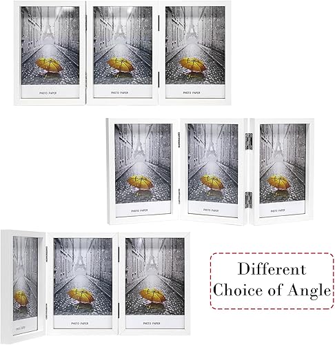 Miniatura 7 de TOFOREVO Marco de fotos de madera triple de 4 x 6 pulgadas, con tres bisagras, soporte de cristal verticalmente en escritorio o mesa, color blanco