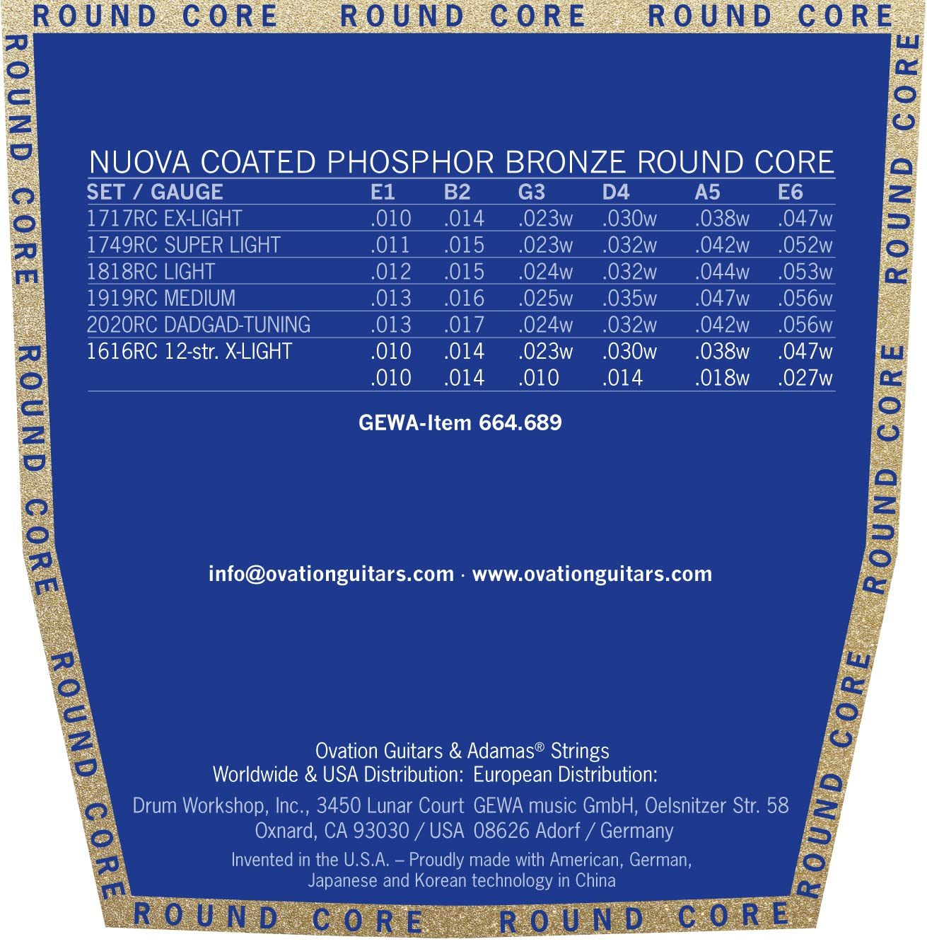 Adamas Akustik-Gitarren Saiten Nuova Phosphor Bronze beschichtet Round Core Satz 12-str. Light .010-.047 - 1616NURC
