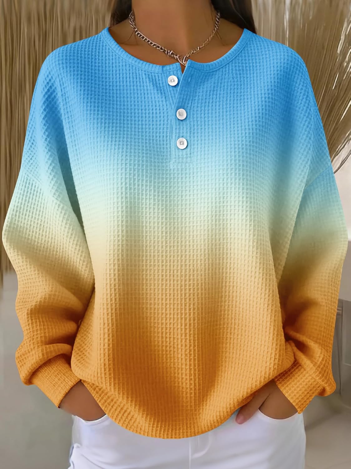 Women's Ombre Waffle Knit Henley Top Long Sleeve V-Neck Button Up Shirt Gradient Color Fade Loose Fit Tunic - Image 5