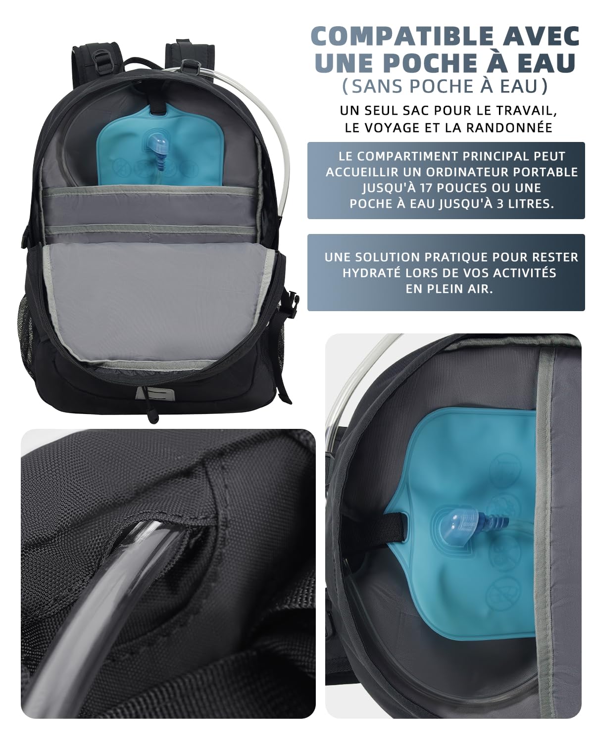 KINGSLONG Plecak trekkingowy 30 l, dla mężczyzn i kobiet: wodoszczelny plecak trekkingowy z kieszenią na laptopa o przekątnej ekranu 17,3", lekki plecak outdoorowy z systemem do picia, odblaskowy, na