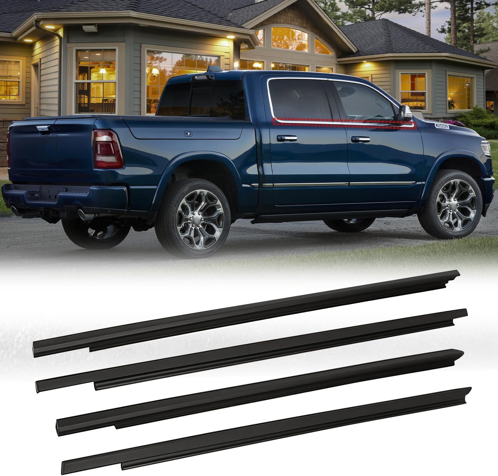 Weatherstrip Window Moulding Trim Seal Belt Kits Compatible with 2009-2021 Dodge Ram 1500 2500 3500 4500 5500 Crew Cab, Weather Stripping Replace#55112376AH 55112377AH 55372138AH 55372139AH (4Pcs/set)