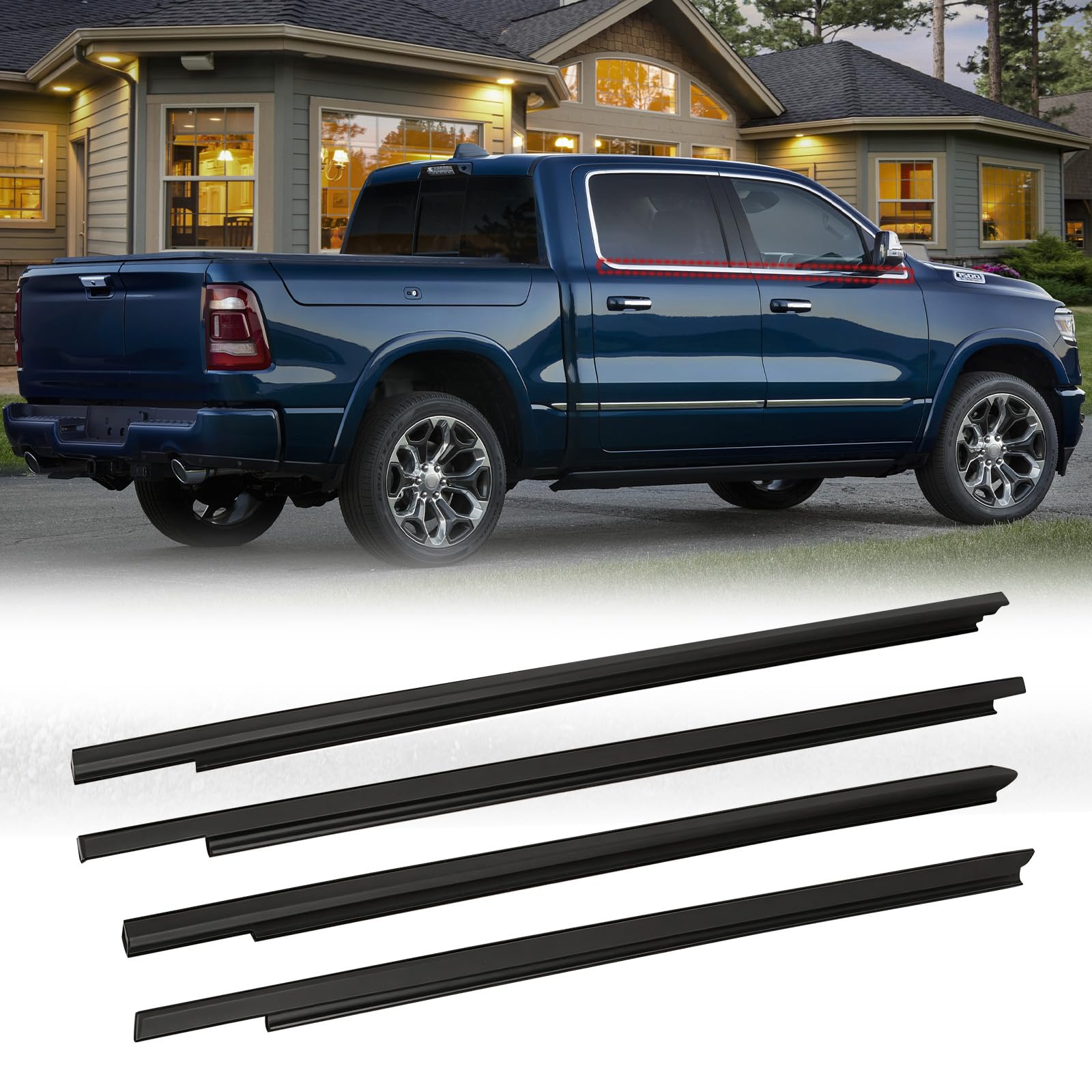Weatherstrip Window Moulding Trim Seal Belt Kits Compatible with 2009-2021 Dodge Ram 1500 2500 3500 4500 5500 Crew Cab, Weather Stripping Replace#55112376AH 55112377AH 55372138AH 55372139AH (4Pcs/set)