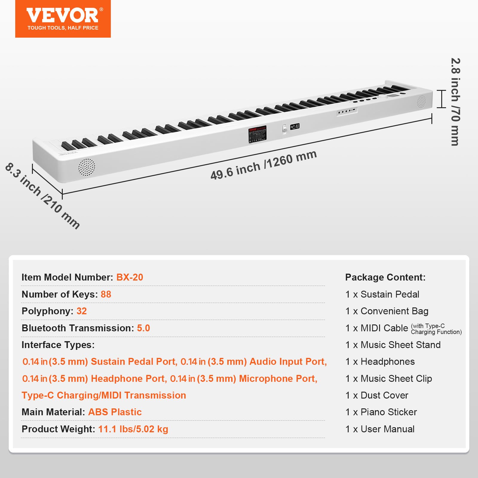 VEVOR E Piano 88 Tasten Faltbares Digital Piano Bluetooth MIDI tragbares elektronisches digitales Klappklavier mit Sustain-Pedaltasche berührungsempfindlichen Tasten Kopfhörern wiederaufladbar Schwarz