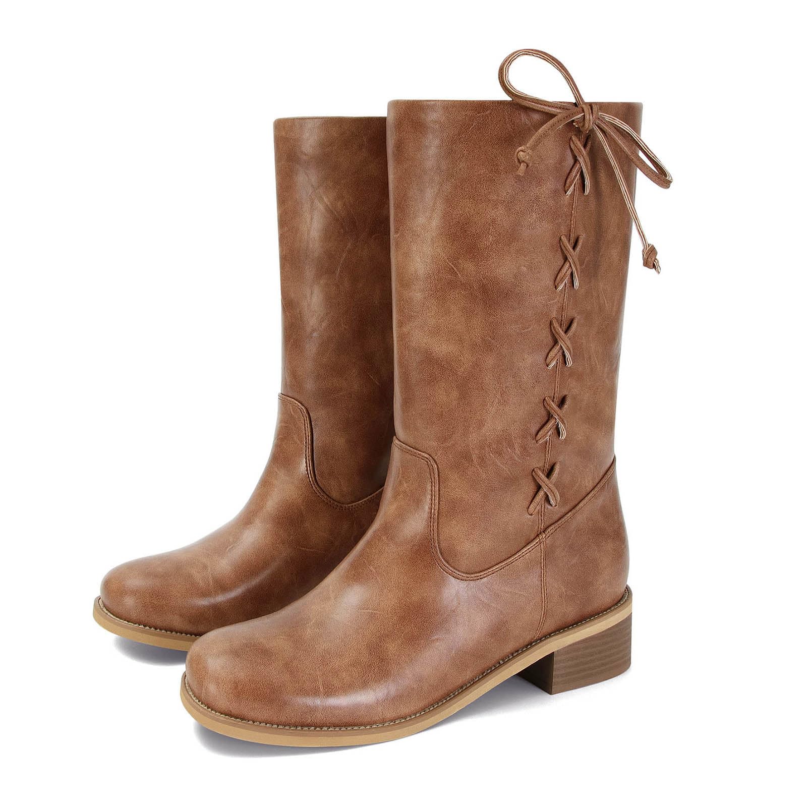 Mid Calf Boots for Women Wide Lace up Chunky Low Heel Booties Comfortable Round Toe Retro Cute Fall