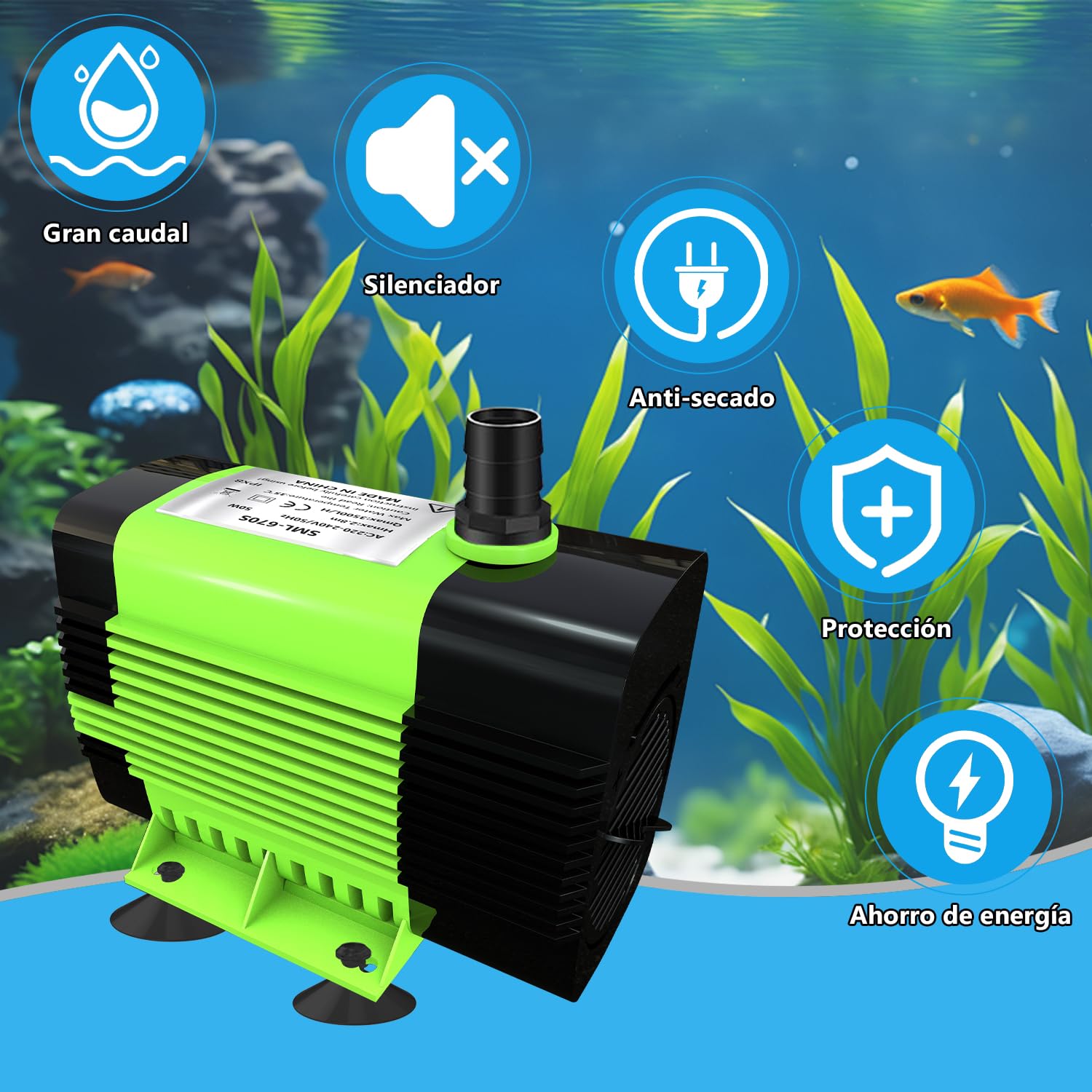 Lnicez Bomba de Agua Sumergible - Potente Bomba Pequeña (50W 3500L/H) Bomba de Agua Acuario con 2.8 m de Altura de Elevación, 5 Boquillas para Fuentes de Pared,Tubble,Acuario Cable-1.8 M (Talla) — view 4