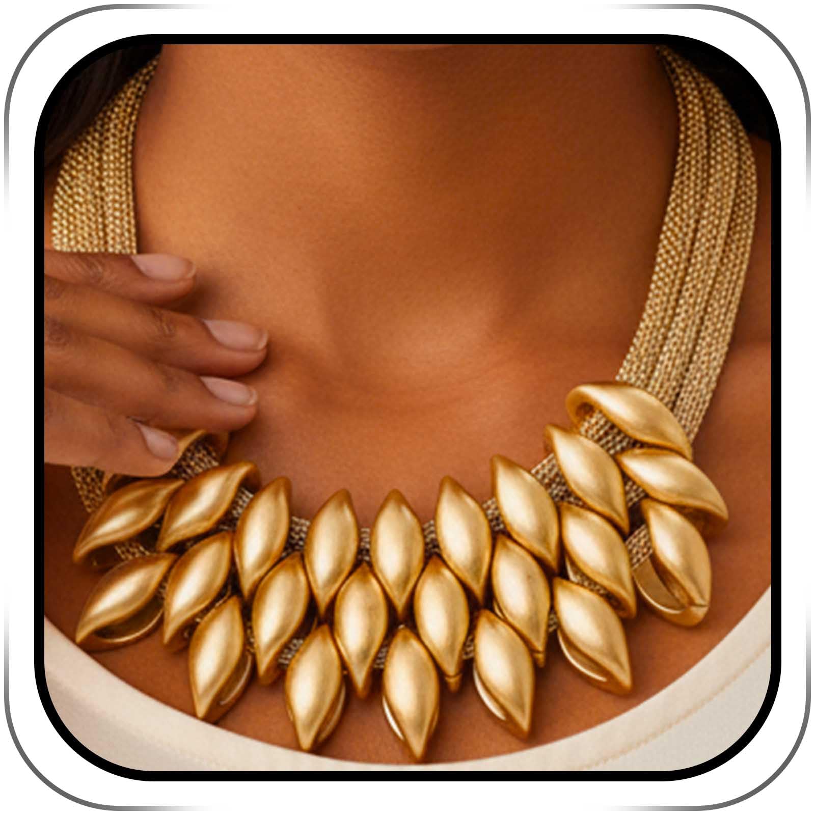 Statement Necklace Set, Gold Leaf Design with Mesh Chain, Matching Drop Earrings