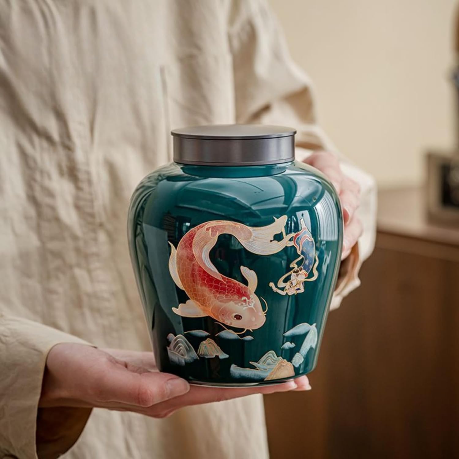 Ceramics Tea Canister, 1100ml 33.0oz, Chinese Kung Fu Tea Set Accessories Storage Tank