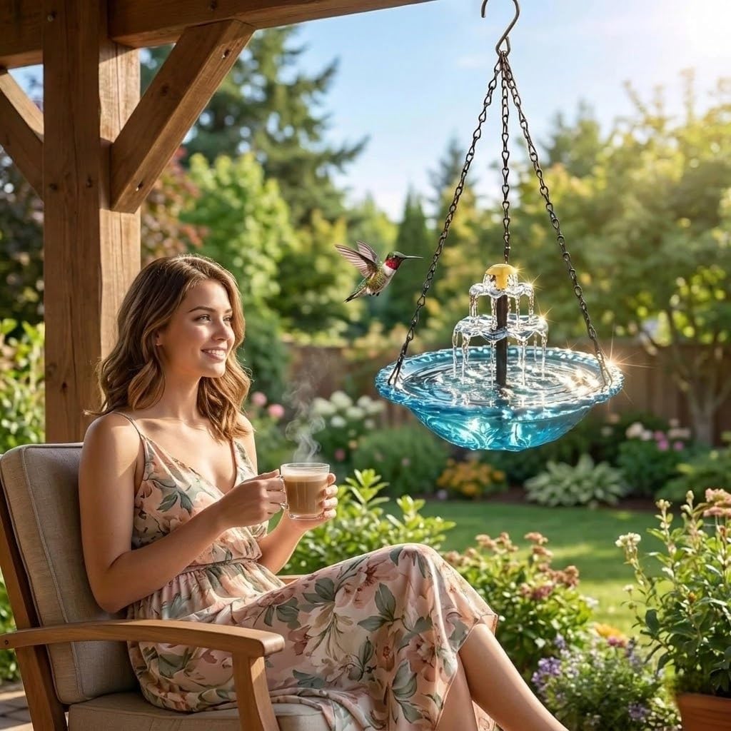 Solar Cascade Hanging Bird Bath Fountain - 9 Water Outlets for Soothing Stream Sound - Solar Powered Birdbath with 12" Large Bowl for Outdoor Garden Yard Decor & Hummingbird Attraction (Blue) — view 6