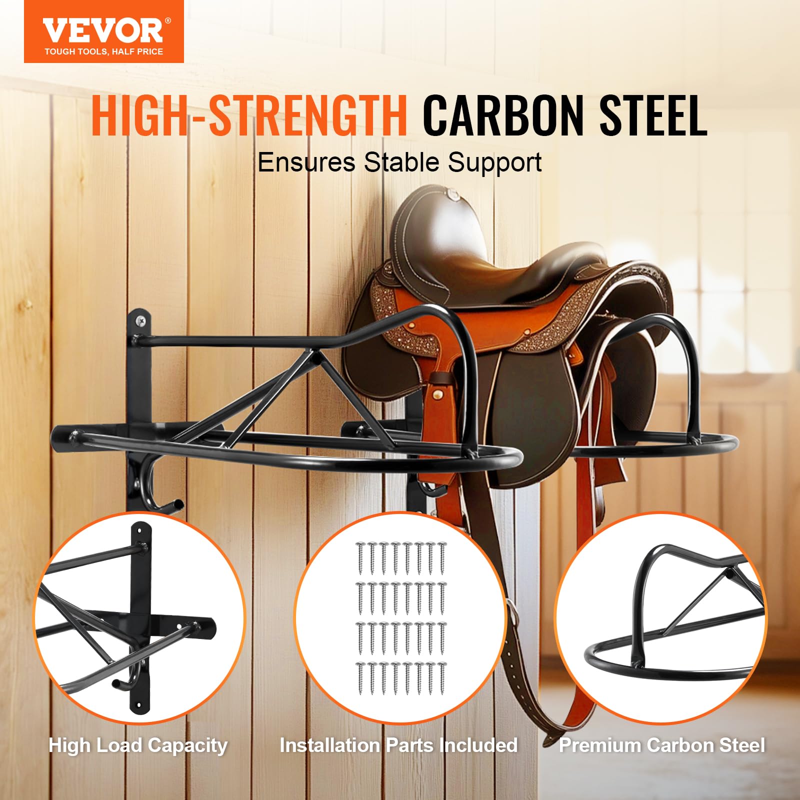 VEVOR 8 PCS Soporte de Pared para Sillín de Caballo 580x223x270mm, Soporte para Sillín de Caballo con Barra de Almohadilla, Soporte Portátil para Sillín Inglés y Occidental para Jardín Ecuestre, Negro