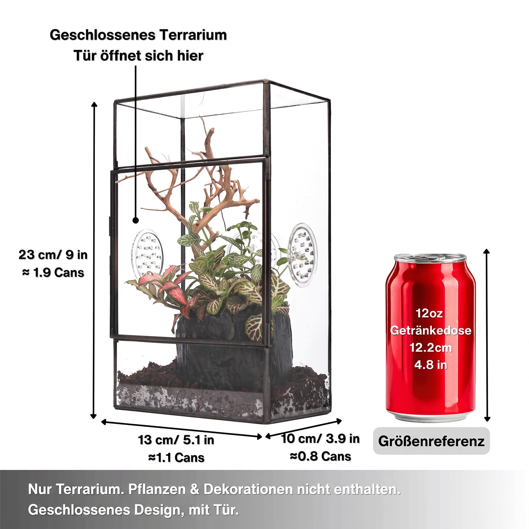 NCYP Rechteckiges Glas Terrarium mit Seitentür und DREI Belüftungslöchern handgefertigt, 13x10x23cm Schwarzes geometrisches Terraium für kleine Insekten Haus Garten Dekoration (nur Terrarium)