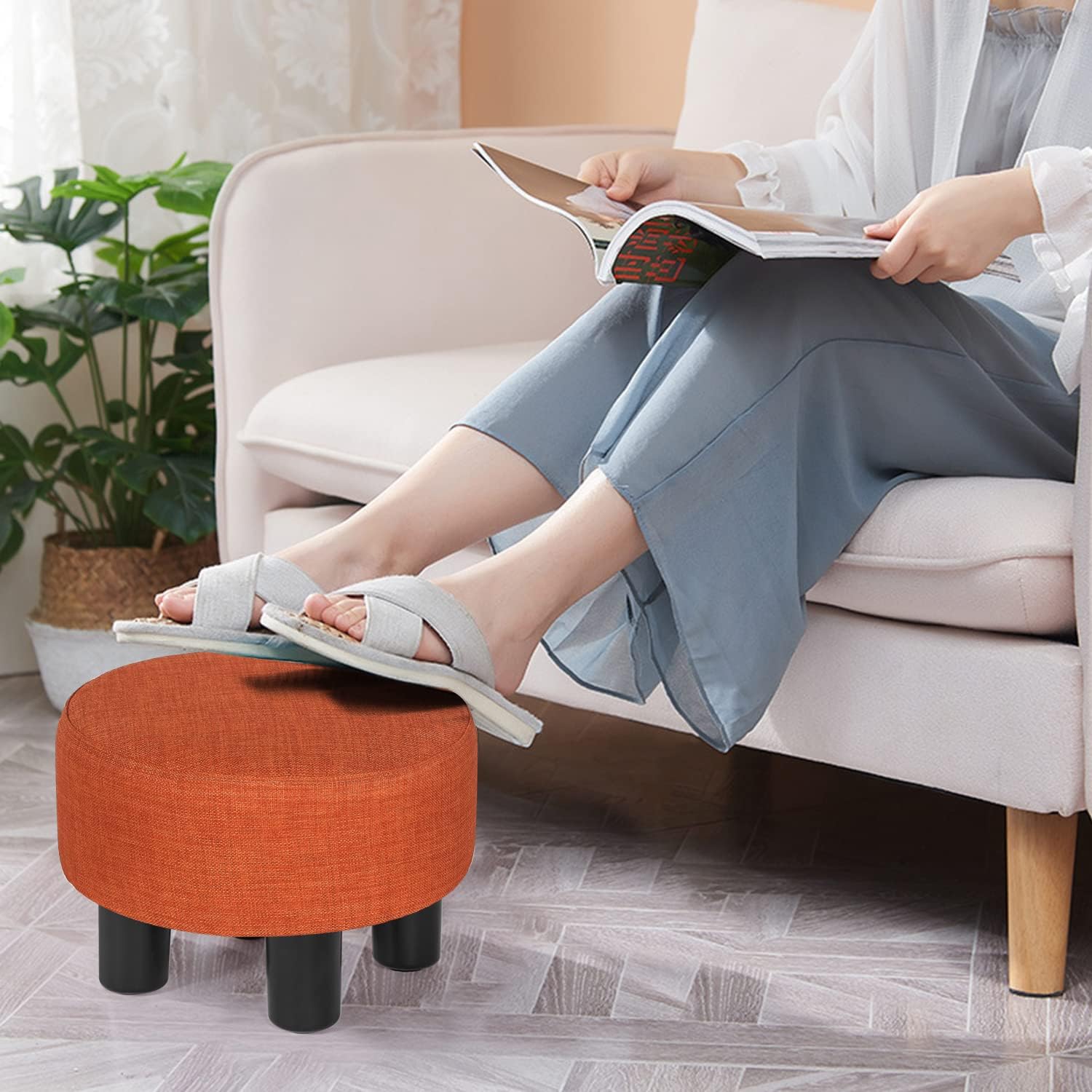 Joveco Small Foot Rest Stool Ottoman, Line Round Short Low Foostool for Chair, Under Office Desk, Living Room, Orange