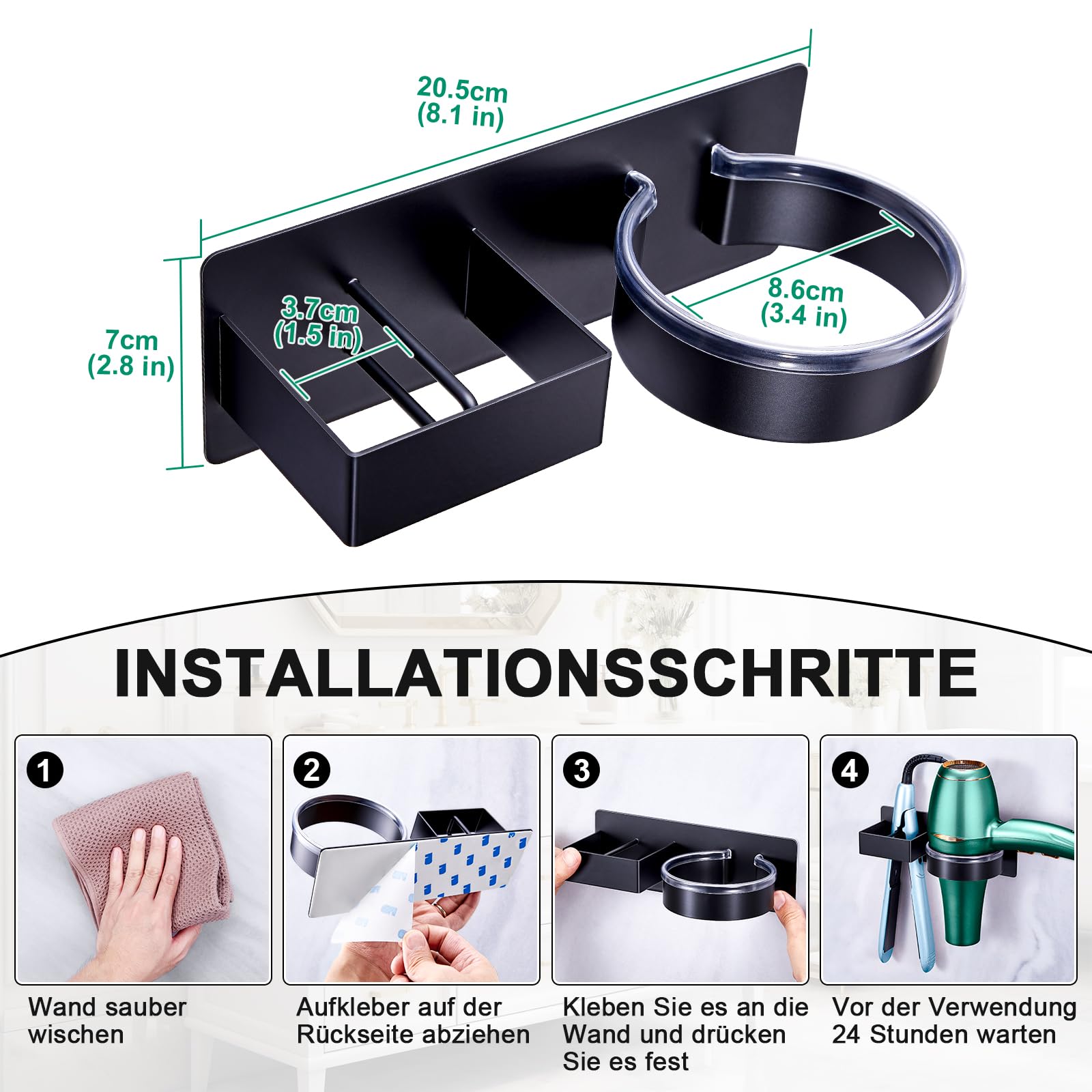 Soporte Secador de Pelo Autoadhesivo de Pared Sin Taladrar, Soporte para Secador y Plancha, Negro