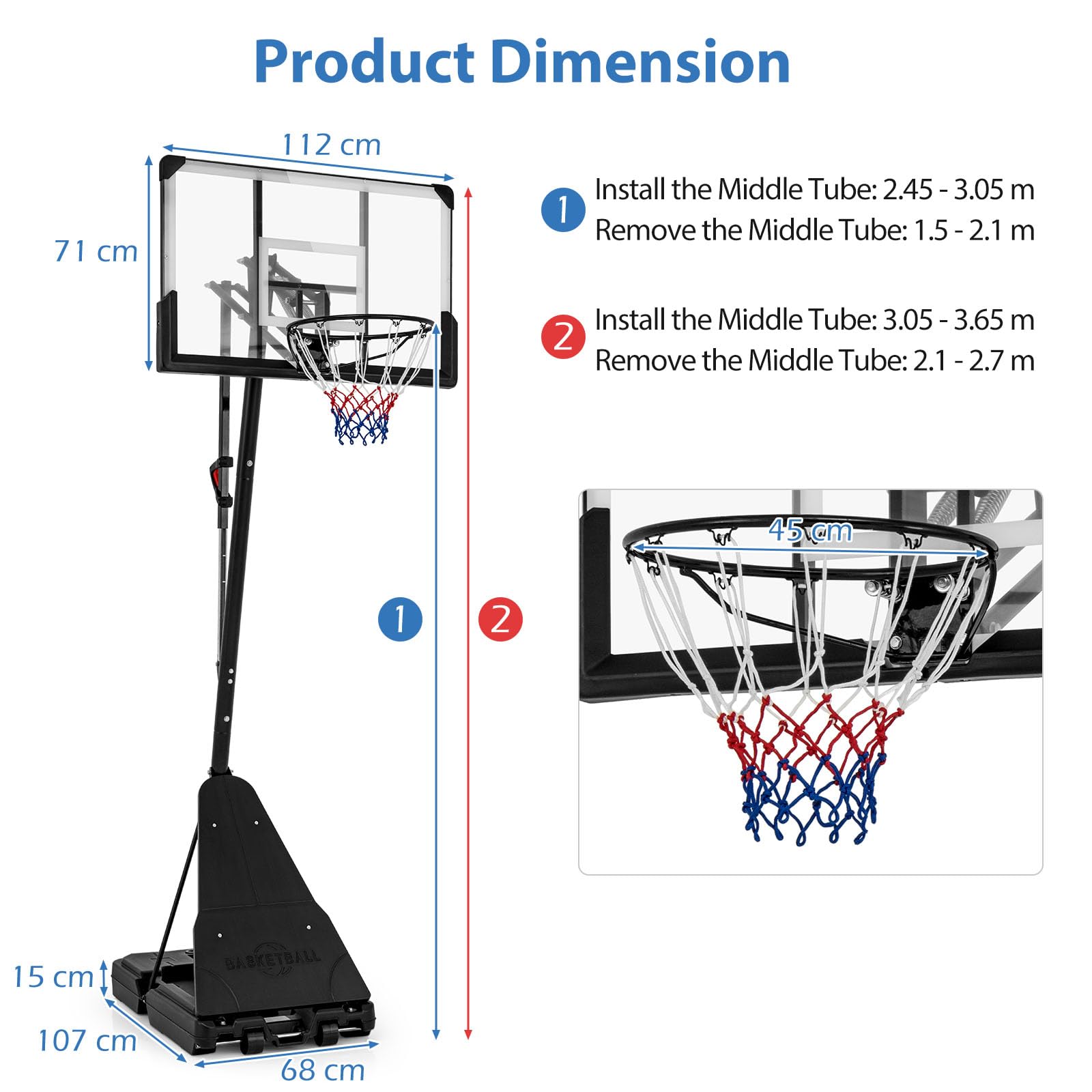 LIFEZEAL Canasta de Baloncesto Ajustable en Altura de 1,50 a 3,05 m, Soporte de Baloncesto portátil con Tablero de PC, Soporte rellenable, Sistema de Baloncesto para niños y Adultos