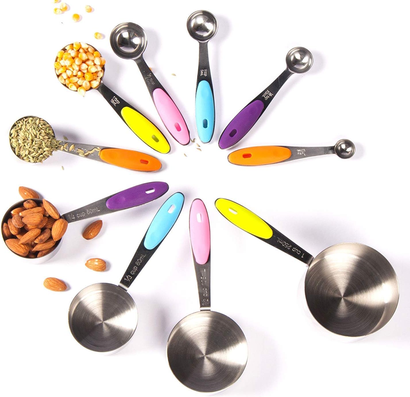 10 Piece Set Stainless Steel Measuring Cups and Spoons Set with Good Grip Silicone Handle