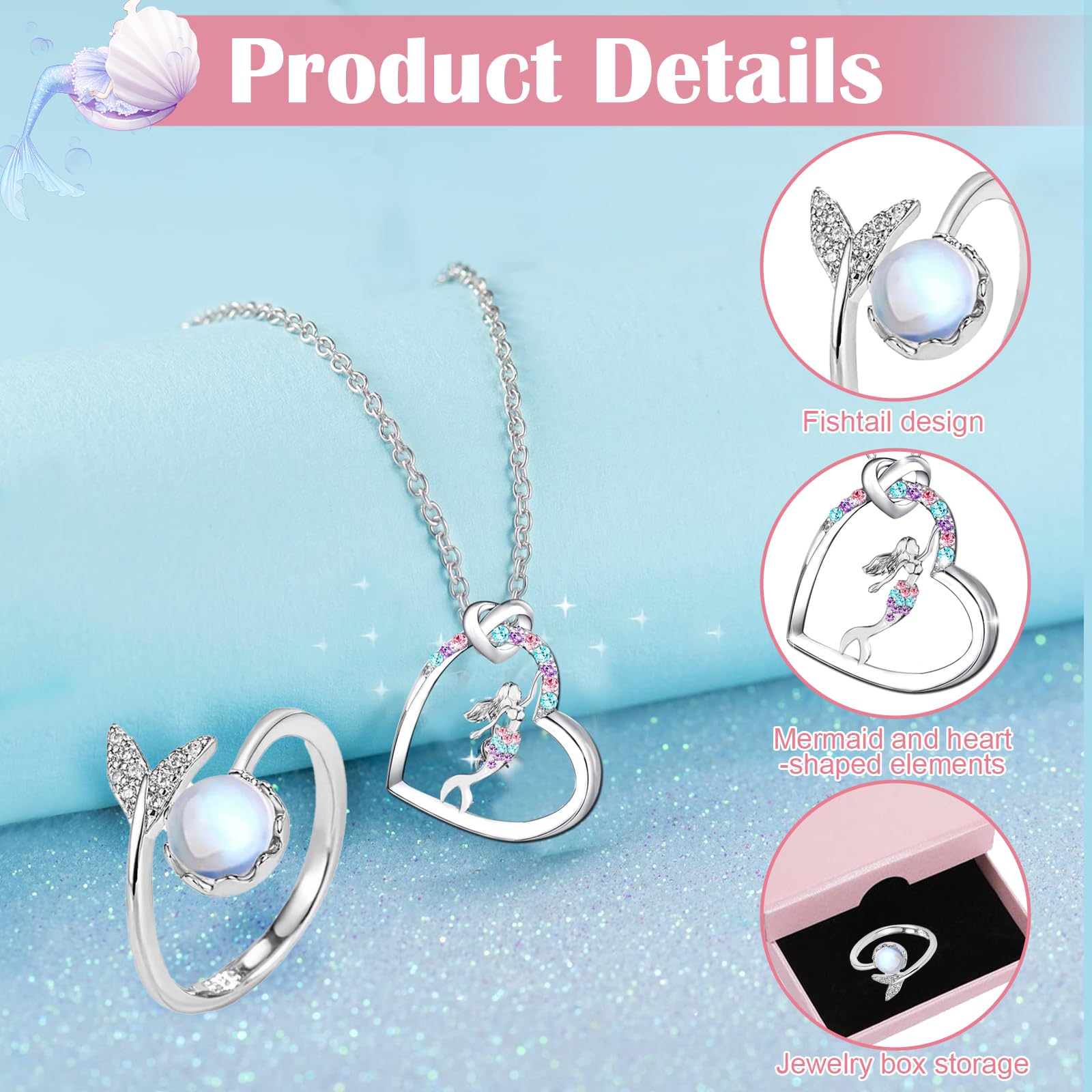 Collana Sirena con Anello a Forma di Coda e Scatola Regalo Rosa per Bambina
