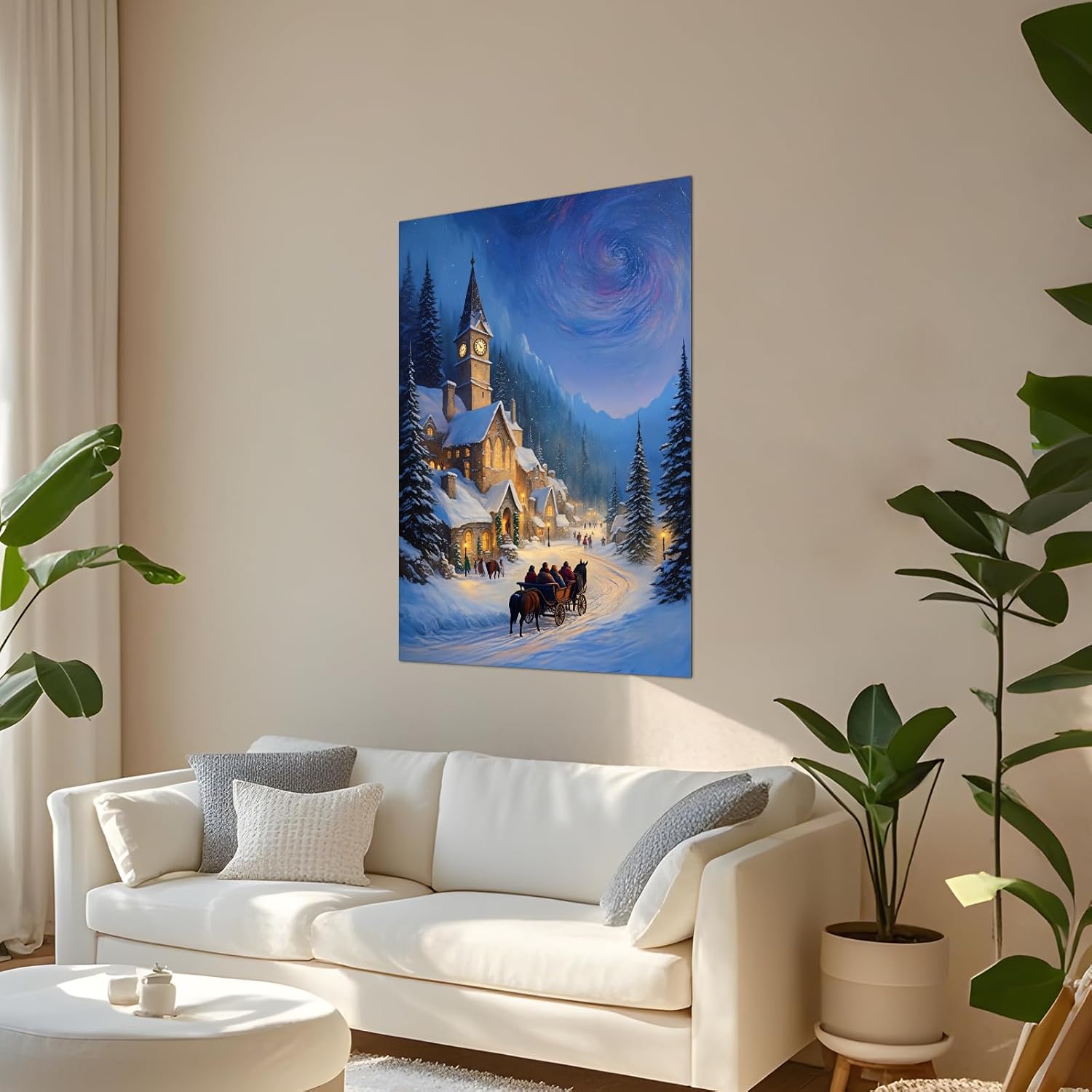 Christmas Village Snowy Night Scene Church Clock Tower Horse Carriage Winter Landscape Art Print - Canvas Poster (B-2,24.00" x 36.00", Unframed)