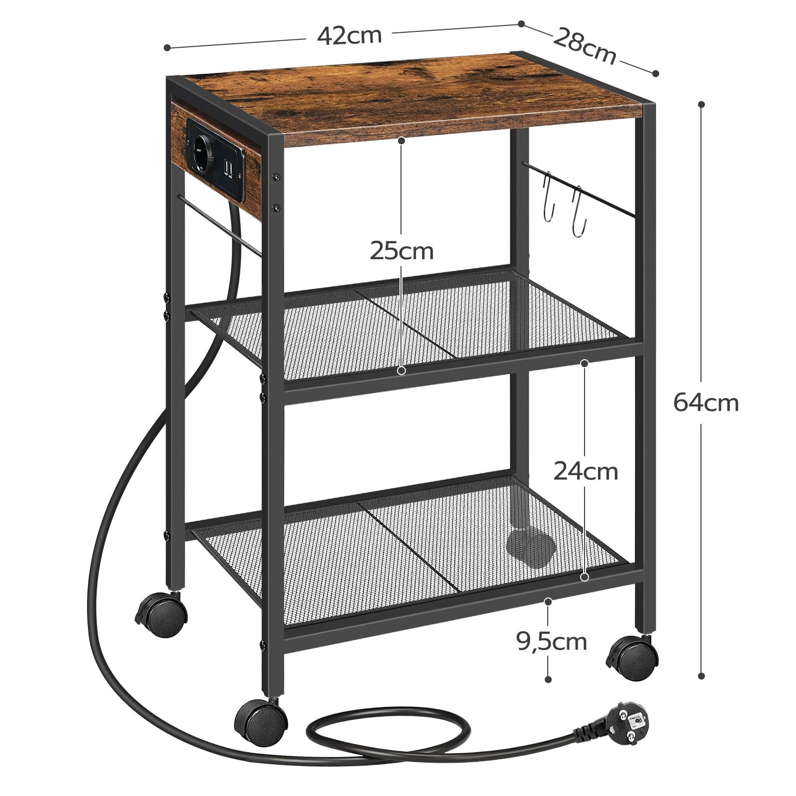 Support D'imprimante 3 Niveaux HOOBRO Avec Roulettes - 42x28x64cm - Style Industriel, Marron Rustique