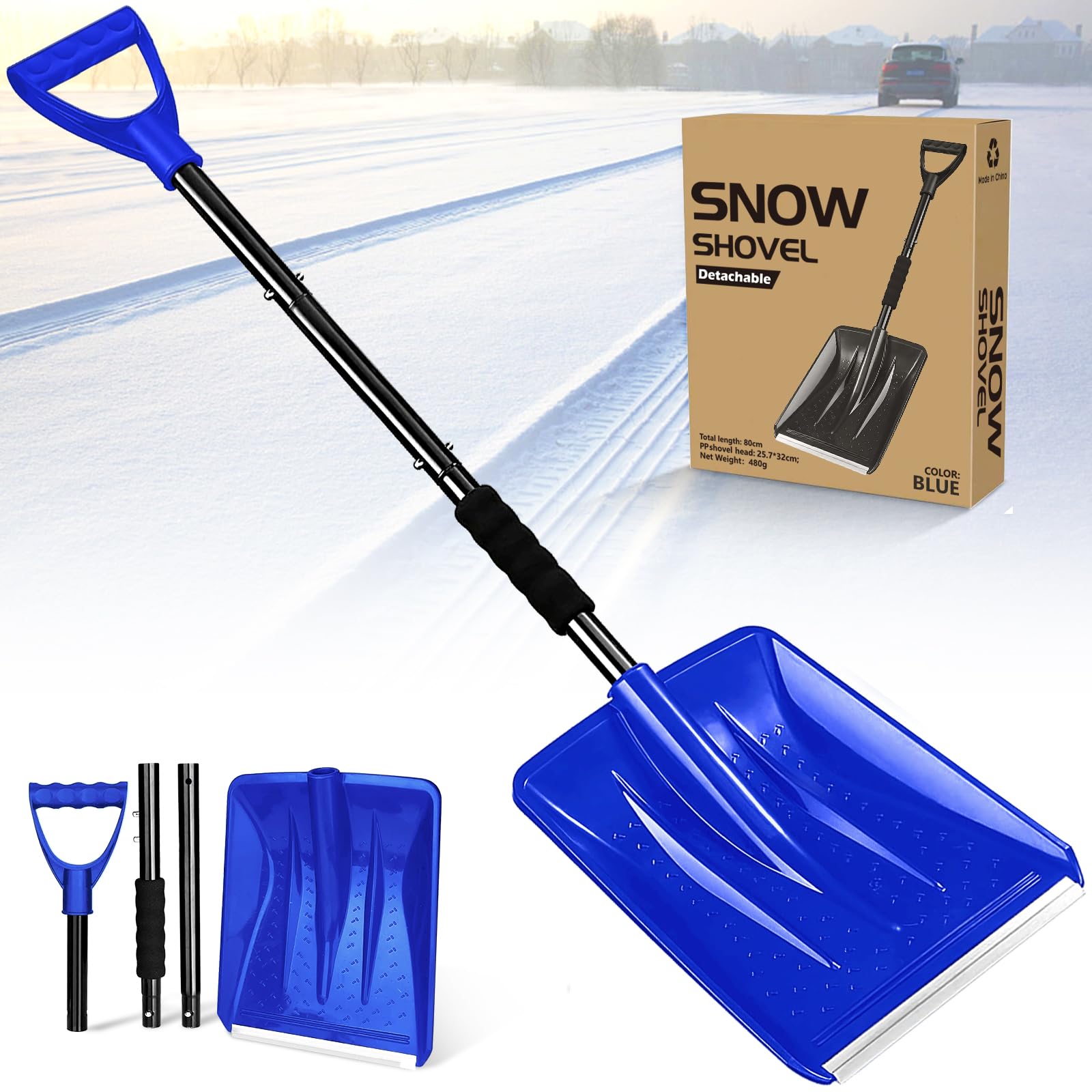 Snow Shovel, 2025 New Upgrade Large-Capacity Lightweight Aluminum Portable Snow Removal Tool, Parent-Child Playing Snow Shovel, Shovel for Car Driveway, Garden, Camping (Blue)