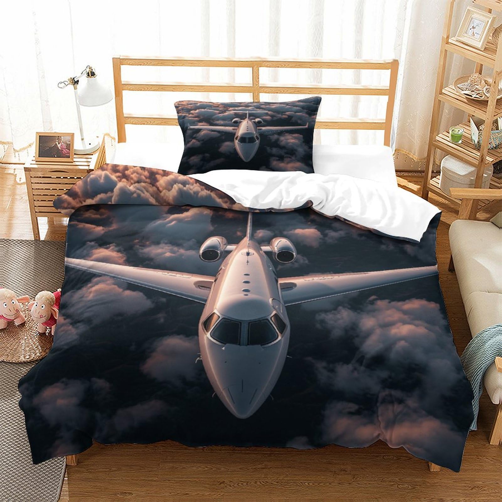 P1S9U7W5Y Scenic Clouds 3D Printed Airplane Duvet Cover Set 3pcs Microfiber Aviation Sky Bedding Set Single（135x200cm）