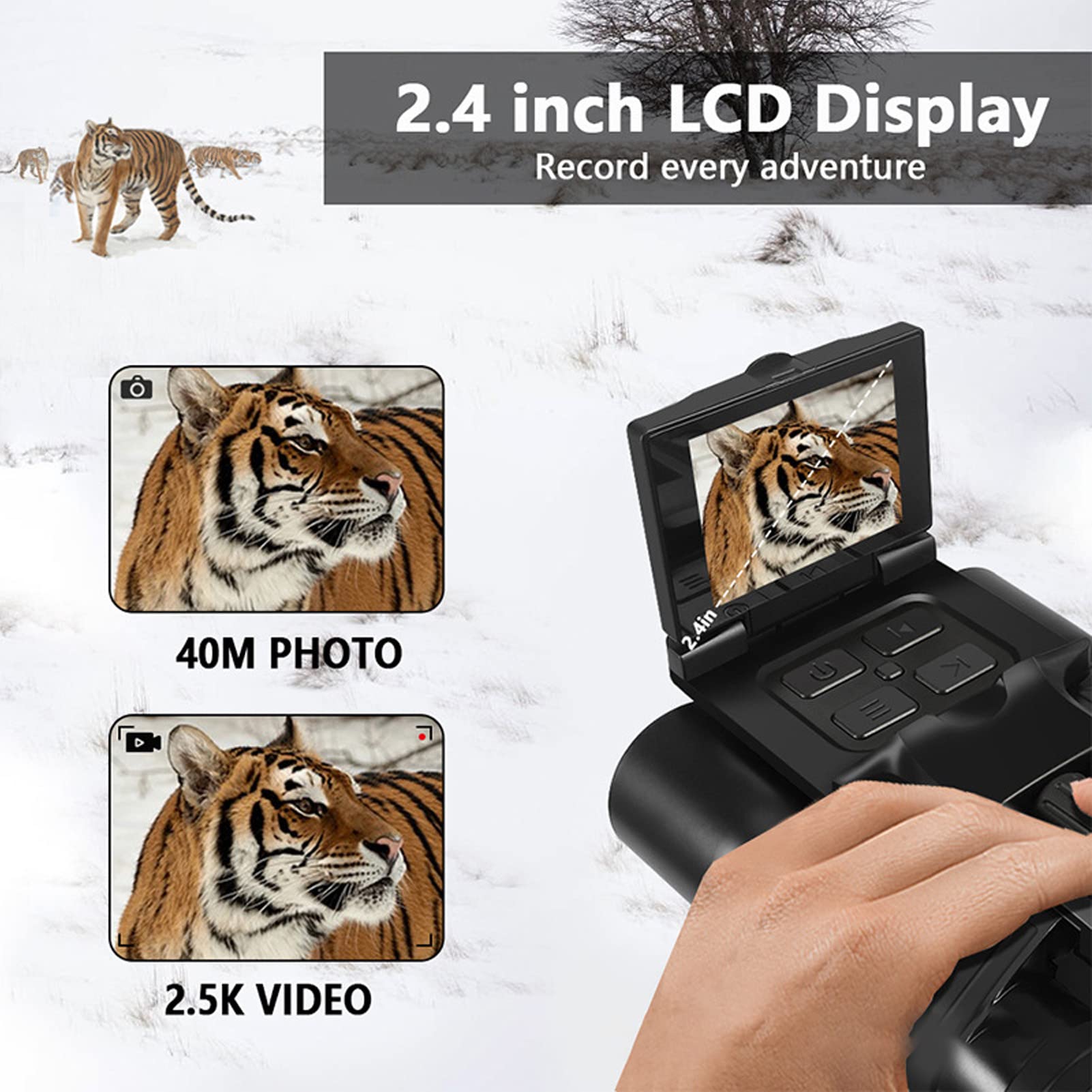 Cámara con Binoculares Digitales HD 12X, Telescopio Compacto para Conciertos de Observación de Aves con Pantalla LCD, Grabación de Video, Impermeable, Portátil para Deportes
