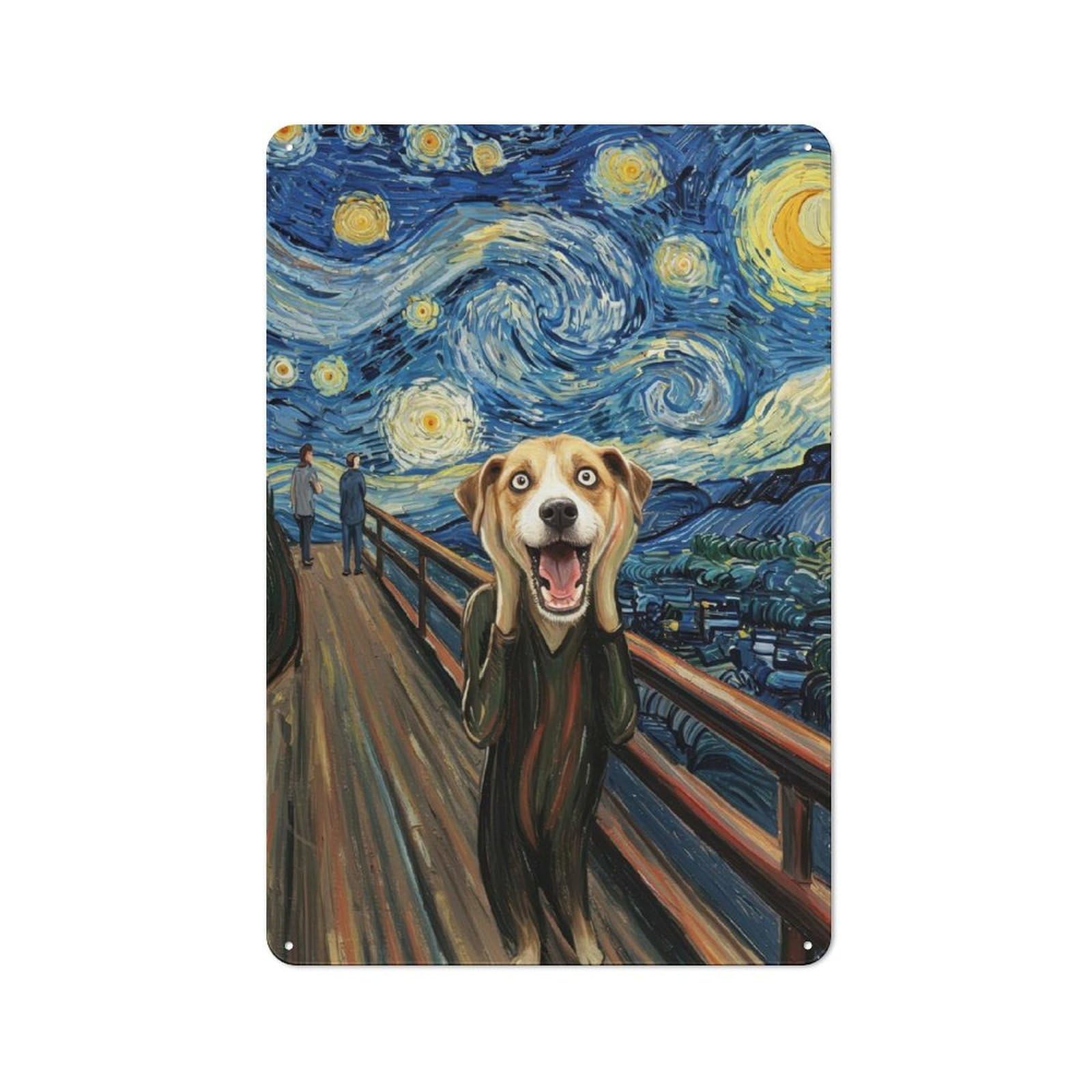 Junmoney Dog Scream Starry Night Parody Metal Wall Sign With Design 30X20cm, Weathered Look Workshop Wall Decor For Garage, Hobby Room, Office Or Man Cave