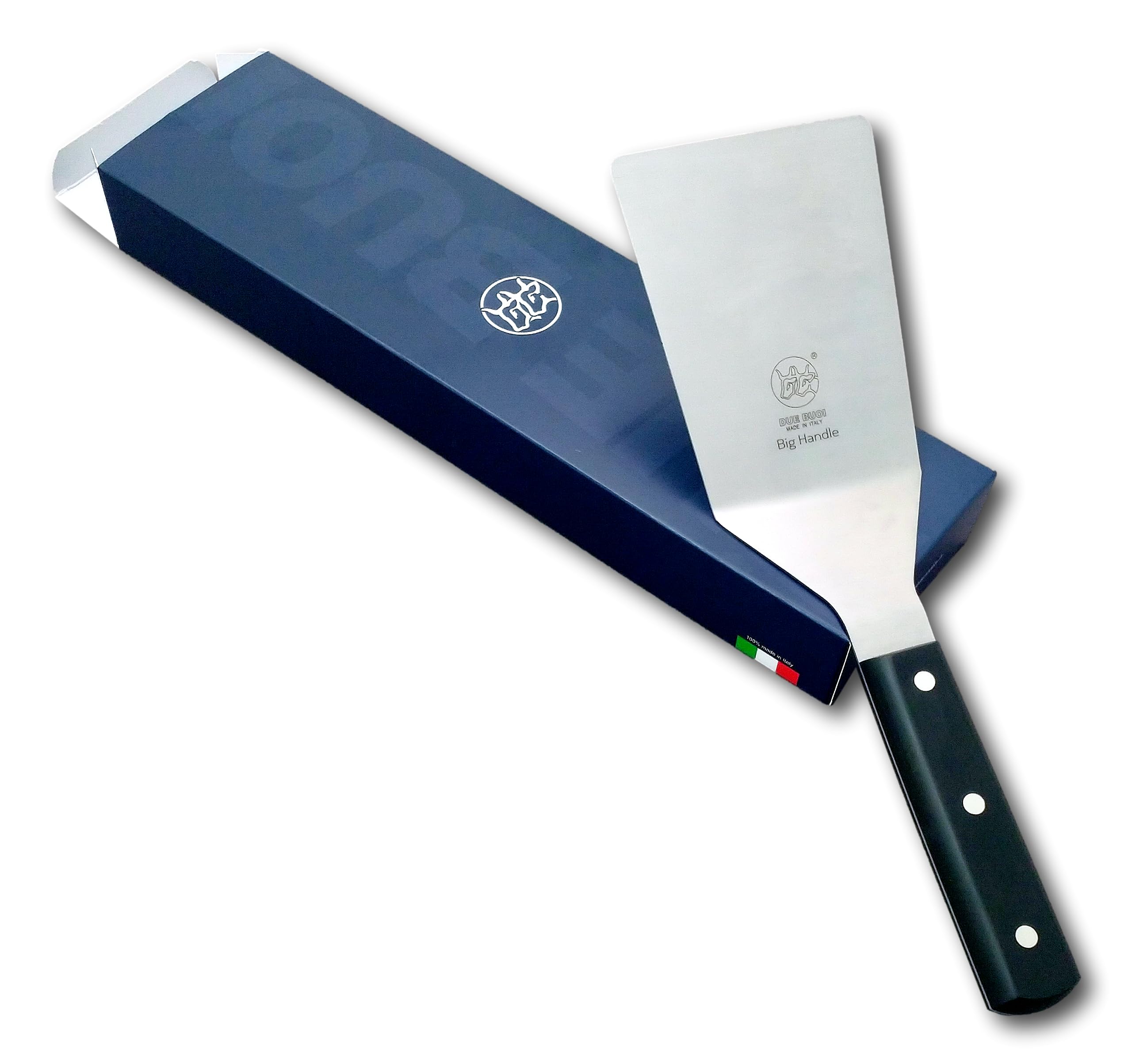 DUE BUOI Spatola stretta con manico in legno di ulivo e rivetti in acciaio inox, lama 5,1 x 6,1/7,6 cm, ideale per hamburger, cucina, barbecue, piastra pasticceria, antiaderente, durevole
