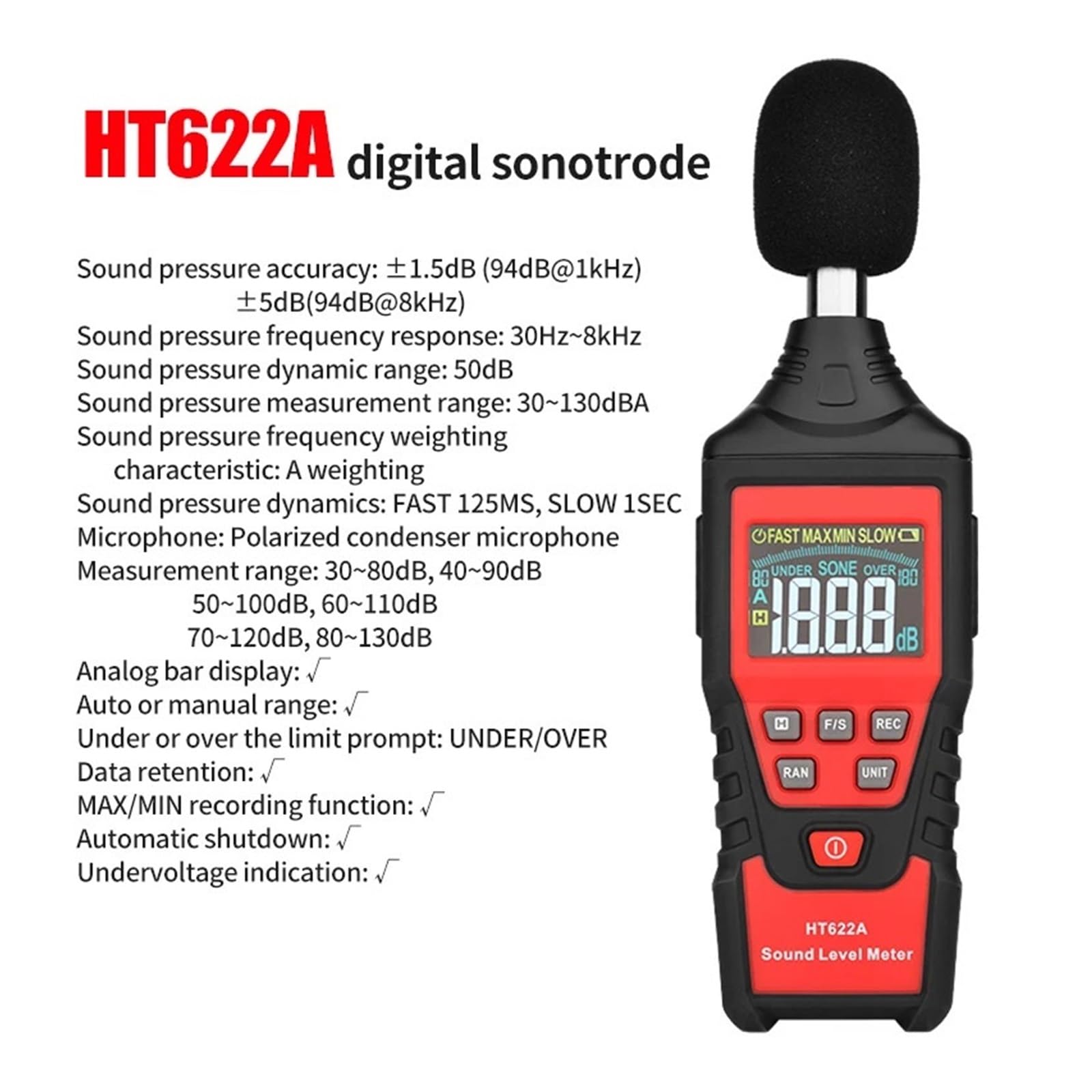 Sonómetro Digital portátil de 30 a 130 dB.