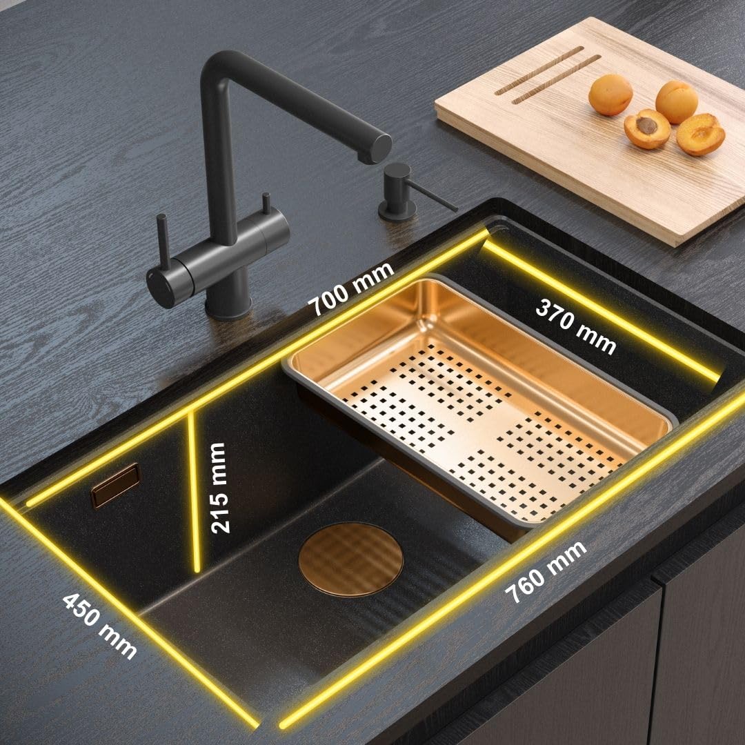 QUADRON Fregadero de un seno Fregadero de granito cocina | tamaño 70 x 37 x 23,5 cm Color: Topo suave y acero | Fregadero LOGAN 110 | Fregadero bajo encimera Base de armario a partir de 80 cm