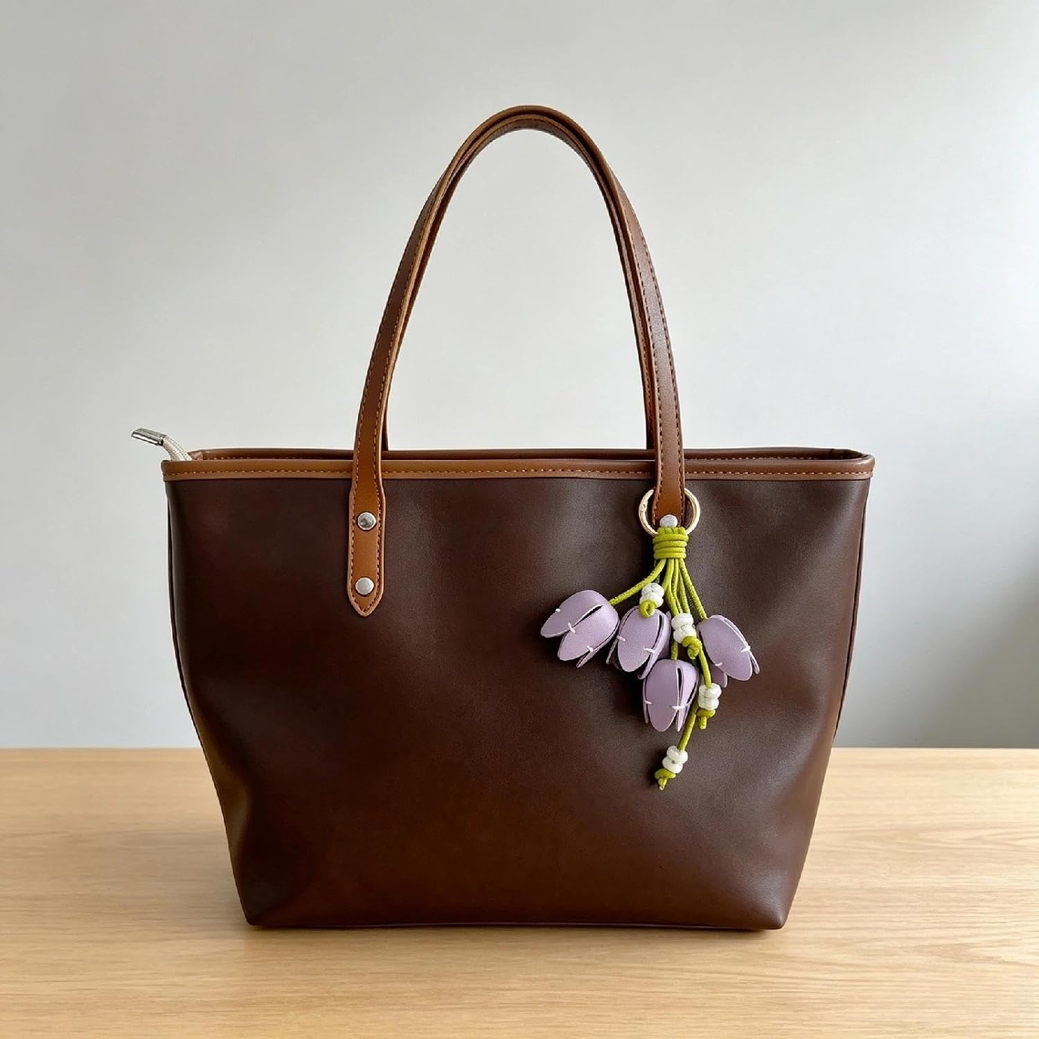 Tulip Bouquet Faux Leather Keychain, Floral Tassel Key Ring Charm with Bead Accents for Purse & Luggage image 5