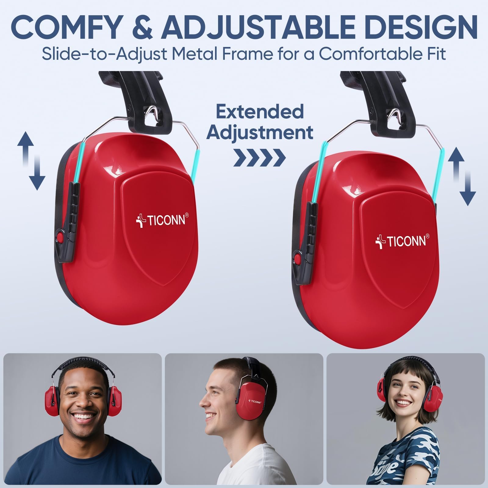 TICONN Noise Cancelling Ear Muffs for Adults, SNR 33dB Hearing Protection, Adjustable Safety Earmuffs for hunting, Construction (Red) view 3