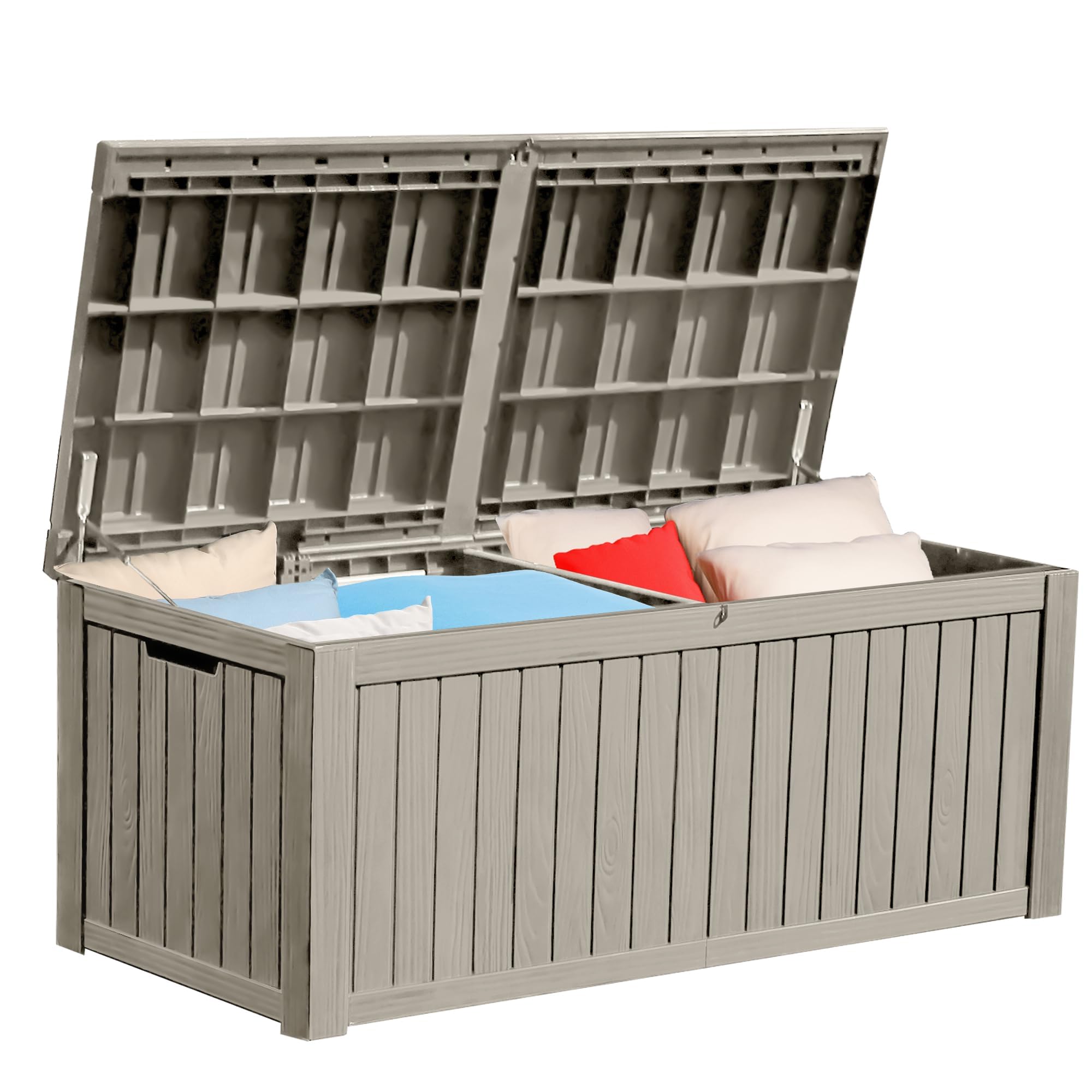 YITAHOME 150 Gallon Large Deck Box w/Divider, XL Waterproof Outdoor Storage for Patio Furniture,Outdoor Cushions, Garden Tools, Sports Equipment and Pool Supplies, Resin, Lockable, Taupe
