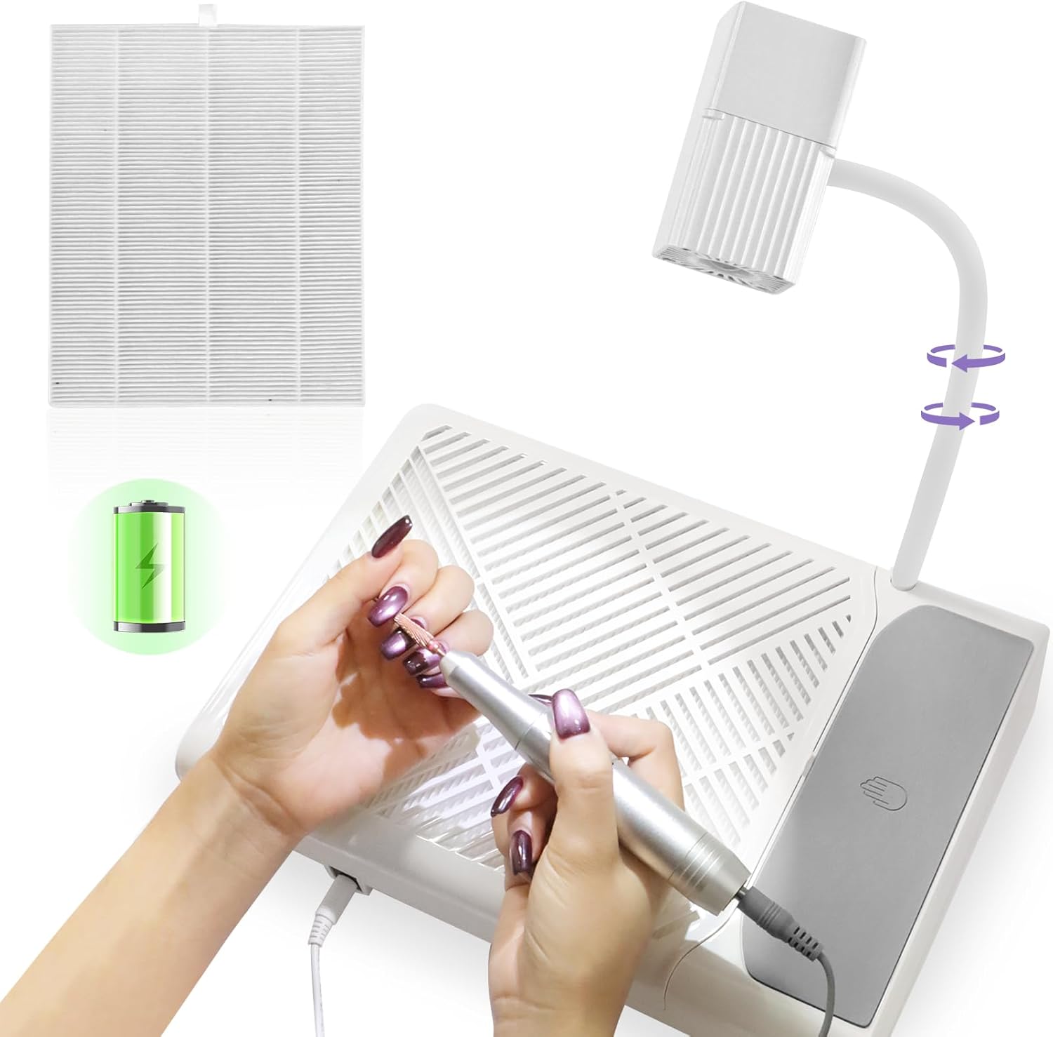 EBANKU Nail Dust Collector, Rechargeable Portable Dust Collector Nail Tech with Lamp, Reusable Filter, Powerful Dust Suction Machine for Acrylic Gel Nails Polishing, Low Noise, Salon Home