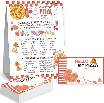 Besttile Pizza Theme Whats Your Pizza Name Game Card,Including 1 Pizza Sign and 30 Stickers,Perfect for Birthday Parties