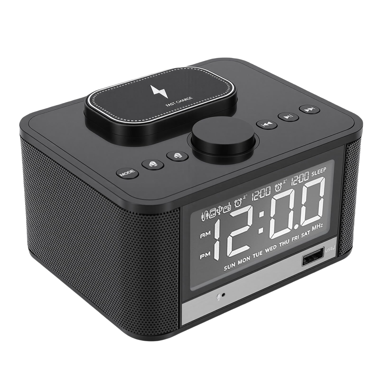 Goshyda Altavoz Bluetooth con Carga Inalámbrica, Radio Despertador para Dormitorios, Reloj Digital Regulable con Estación de Carga de Radio FM, Tarjeta de Memoria y Reproducción (Enchufe de la UE)