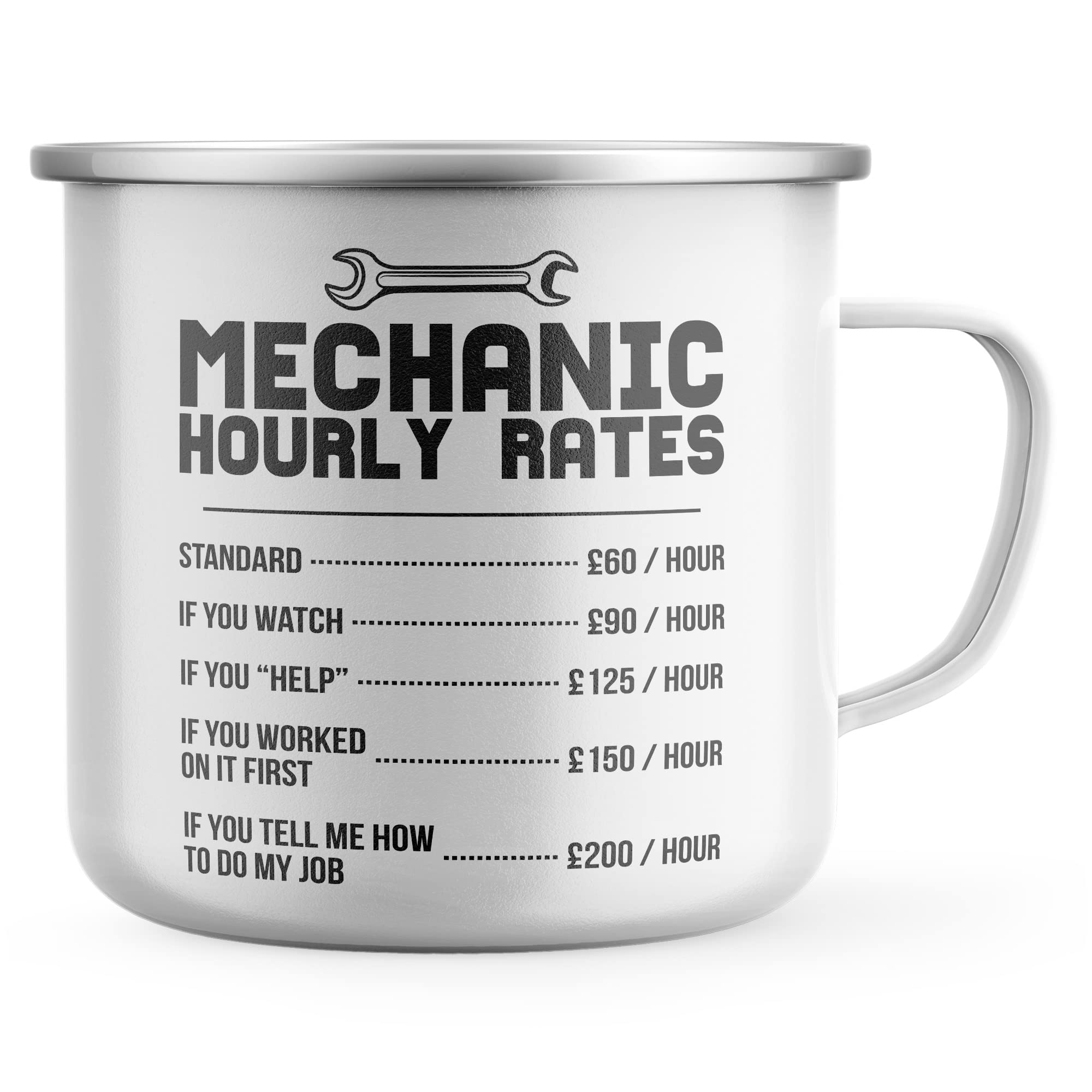 Purple Print House Funny Mechanic Enamel Mug, Mechanic Hourly Rates, Mechanic Gifts for Him, Dad Grandad Birthday Automotive Gift, Car Garage Metal Coffee Cup for Hiker, One Size, White