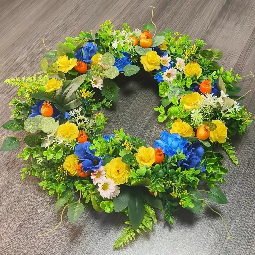 Künstlicher Blumenkranz für Haustür-Dekoration – 35 cm mehrfarbig Frühling & Sommer hängende Heimdekoration Akzent für Wände, Eingänge, Hochzeiten, Partys, Restaurants (35 cm)
