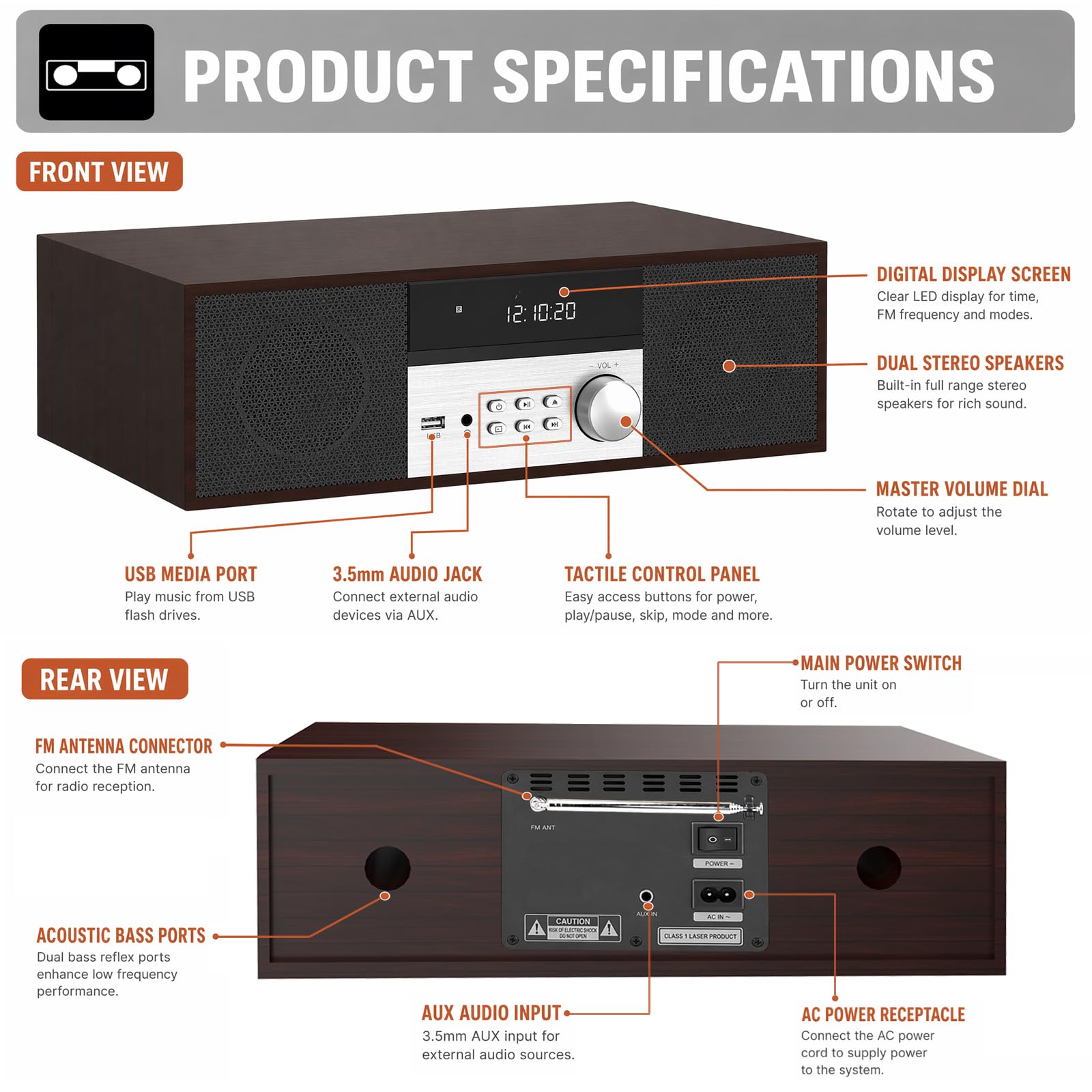 Sistema estéreo Compacto con Reproductor de CD, Bluetooth, Radio FM, Entrada USB/AUX (LP816-DN)