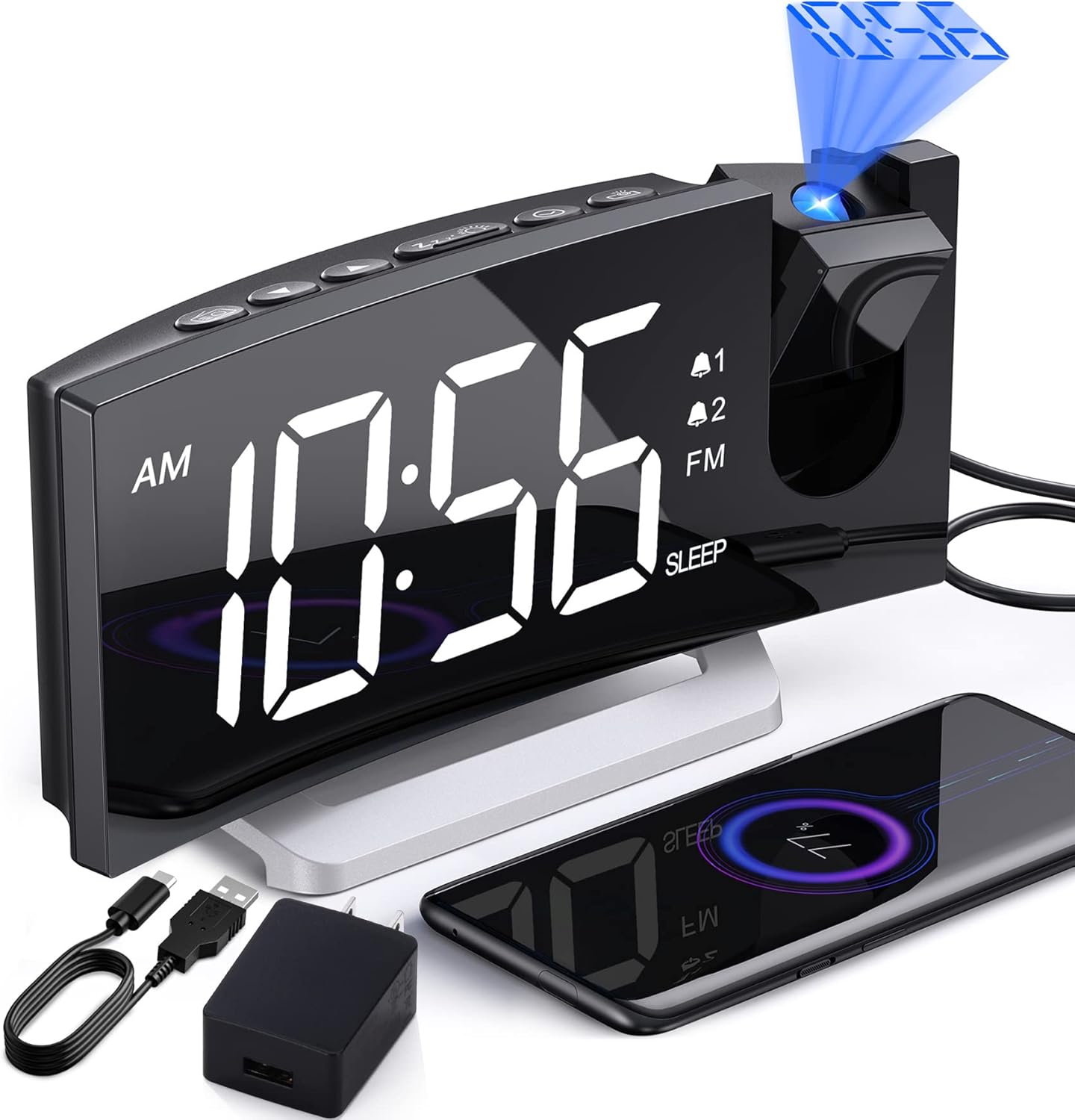 Radio Alarm Clock with Projector and Unique LED Curved Screen, USB