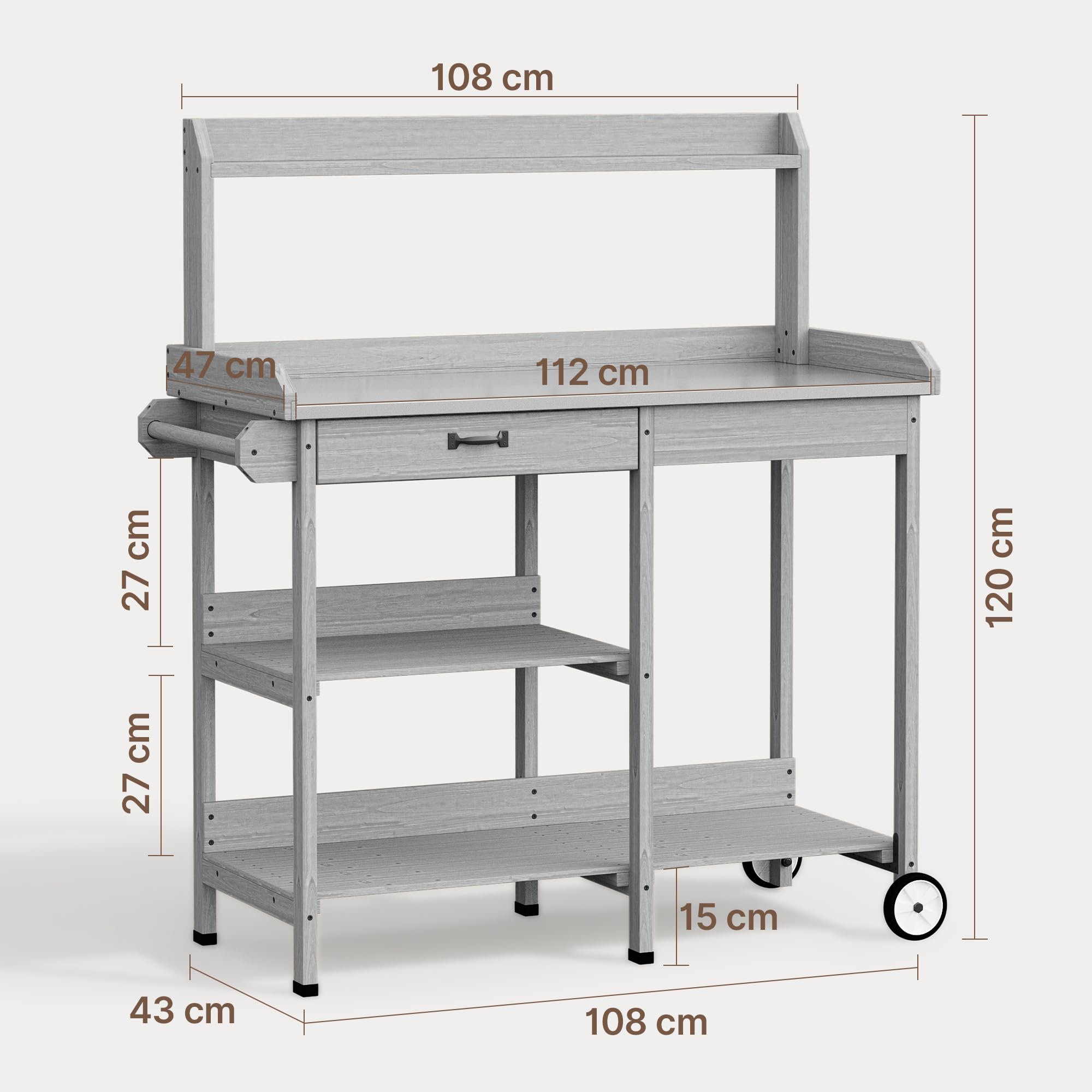 Xbro Pflanztisch mit Rollen Outdoor wetterfest, Gärtnertisch Holz mit Schublade & Ablagen, Blumentisch mit verzinkter Arbeitsplatte & Haken für Balkon Terrasse Garten, 112x43x121 cm, Grau