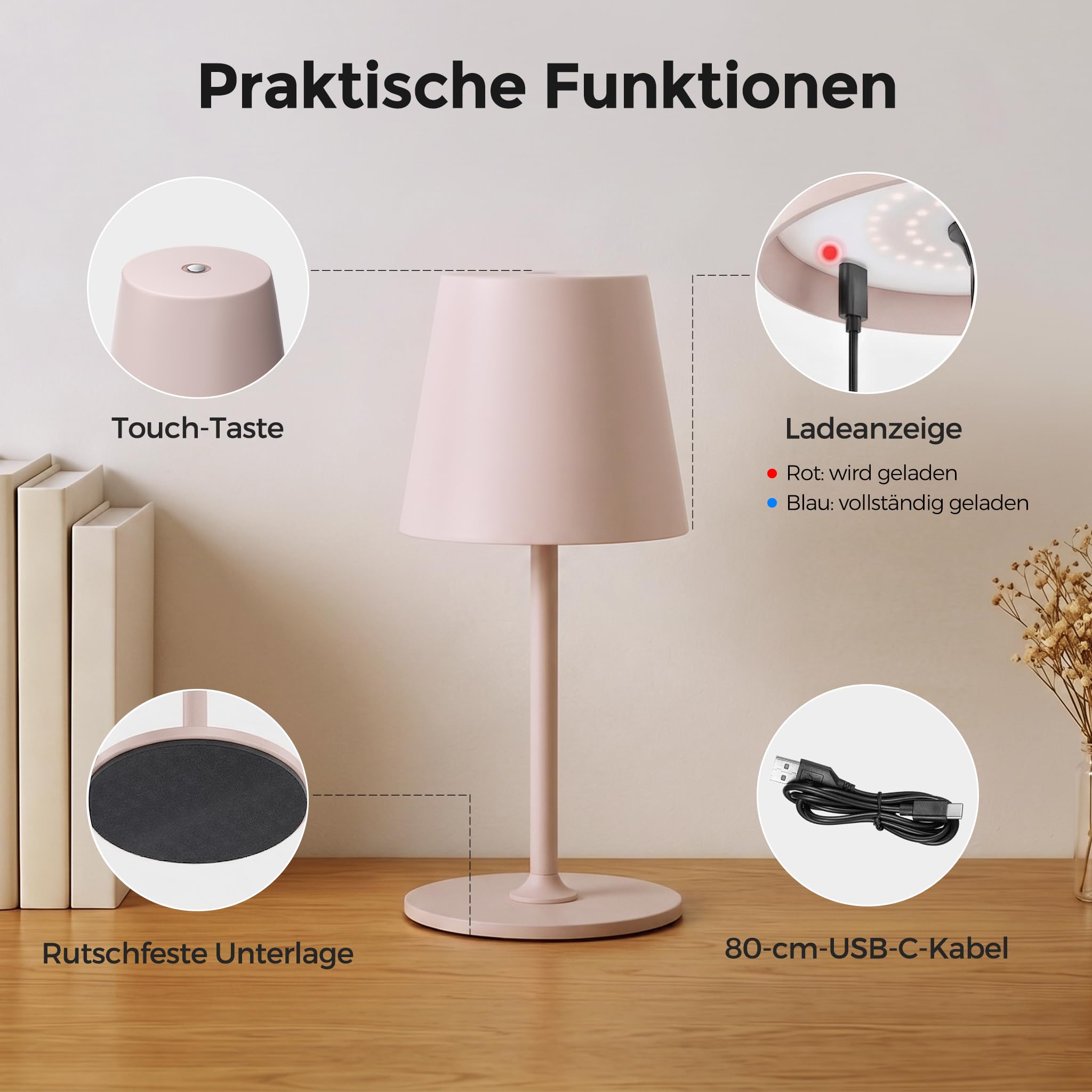 LED Tischlampe Kabellos 2er Set, Tischleuchte für Outdoor Indoor | Akku Nachttischlampe Touch, Stilllicht, 3 Farbmodi & Stufenlos Touchdimmbar, 2 Höhen, Vollmetall, IP54, 5300 mAh, Rosa-Beige