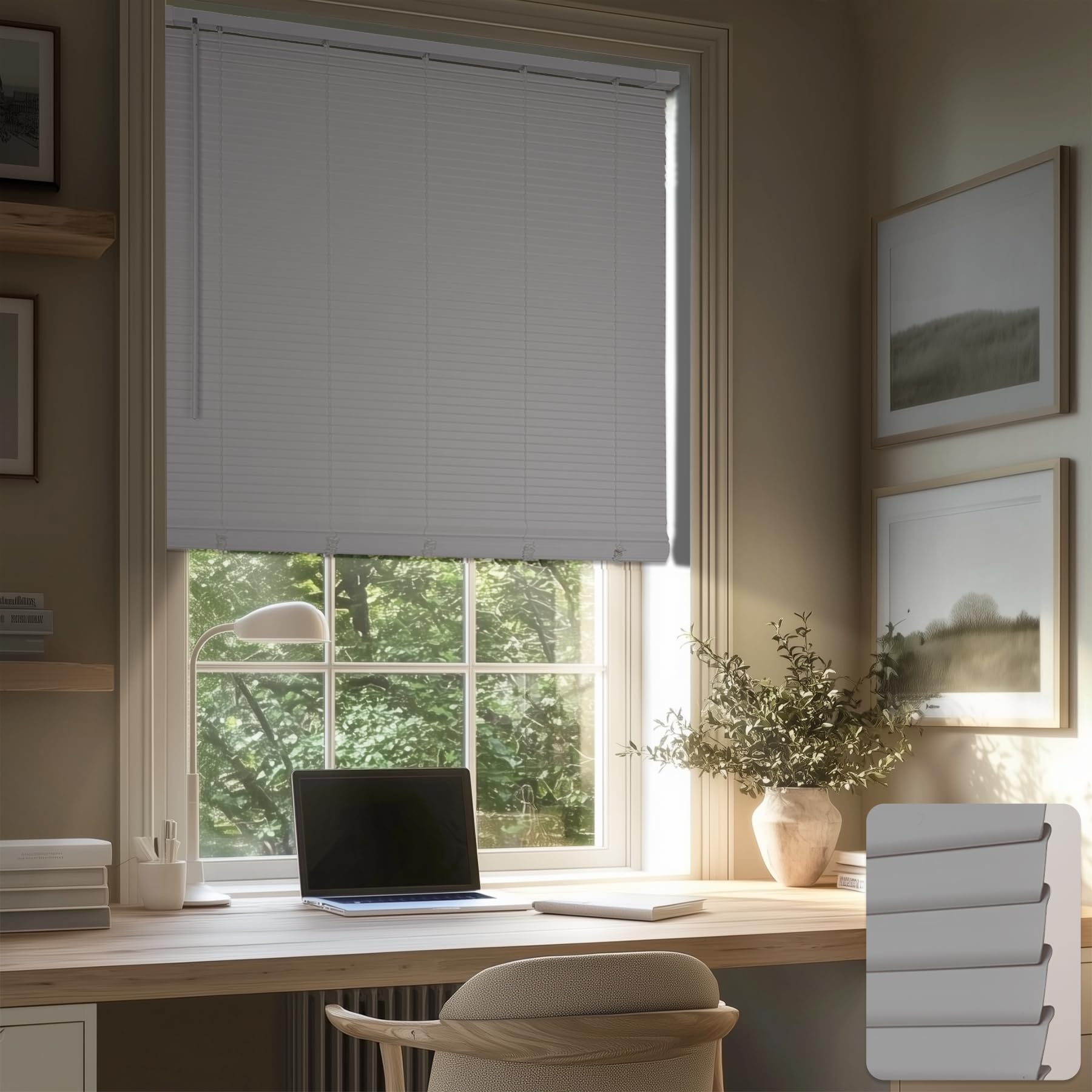 HESTIA No Drill Cordless Room Darkening Vinyl Mini Blinds, 1” L-Shaped PVC Slats Venetian Horizontal Blind Privacy Indoor Window Coverings for Bedroom