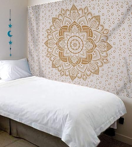 Miniatura 3 de Popular Handicrafts Tapiz para colgar en la pared, diseño hippie mandala bohemio, gitano, hippy indio, dorado, pasión, blanco, colcha, 54 x 60