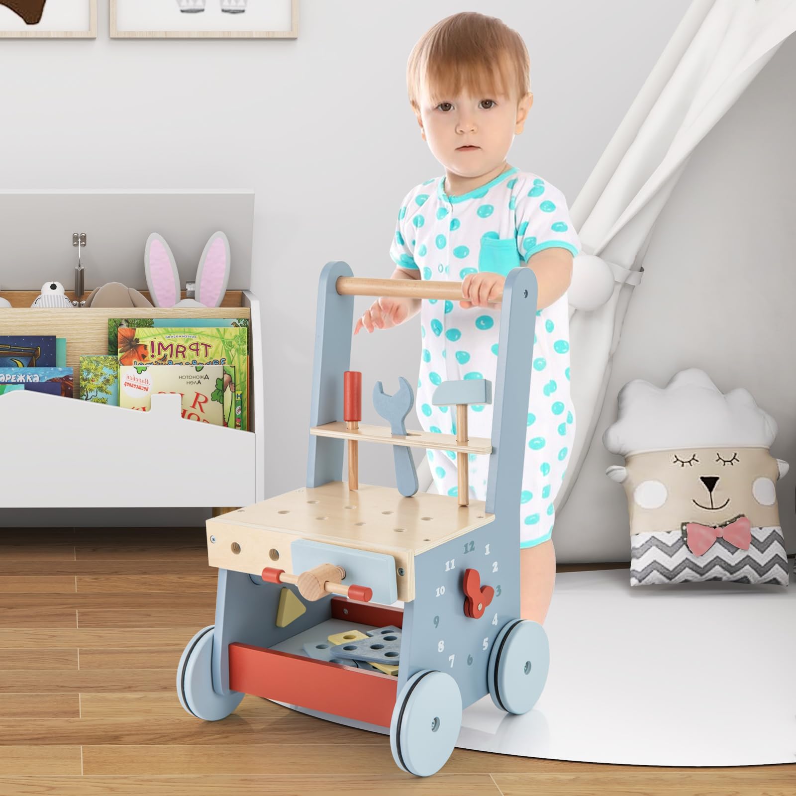COSTWAY 2-in-1 Girello Neonato in Legno, Camminatore con Giocattoli e Attrezzi, Primi Passi per Bambini con Montessori, Carrello Primi Passi con Ruote, con Banco da Lavoro, per Bambini 3+ Mesi