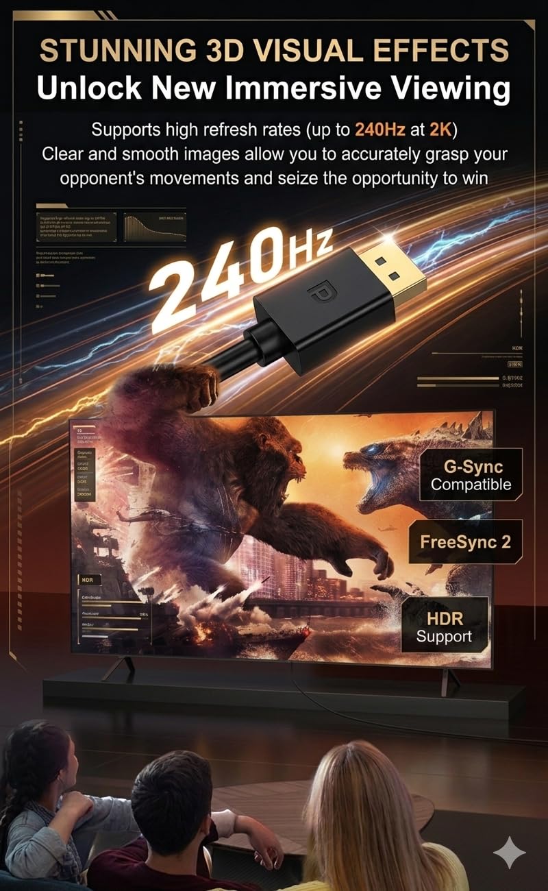QCEs Cavo DisplayPort 1.4, cavo DP 8K da 2 m, cavo DisplayPort per 8K a 60Hz, 4K a 144Hz, 2K a 240Hz, HDR, connettori placcati oro da 32,4 Gbps per monitor da gioco, FreeSync/G-Sync, PC, laptop, TV
